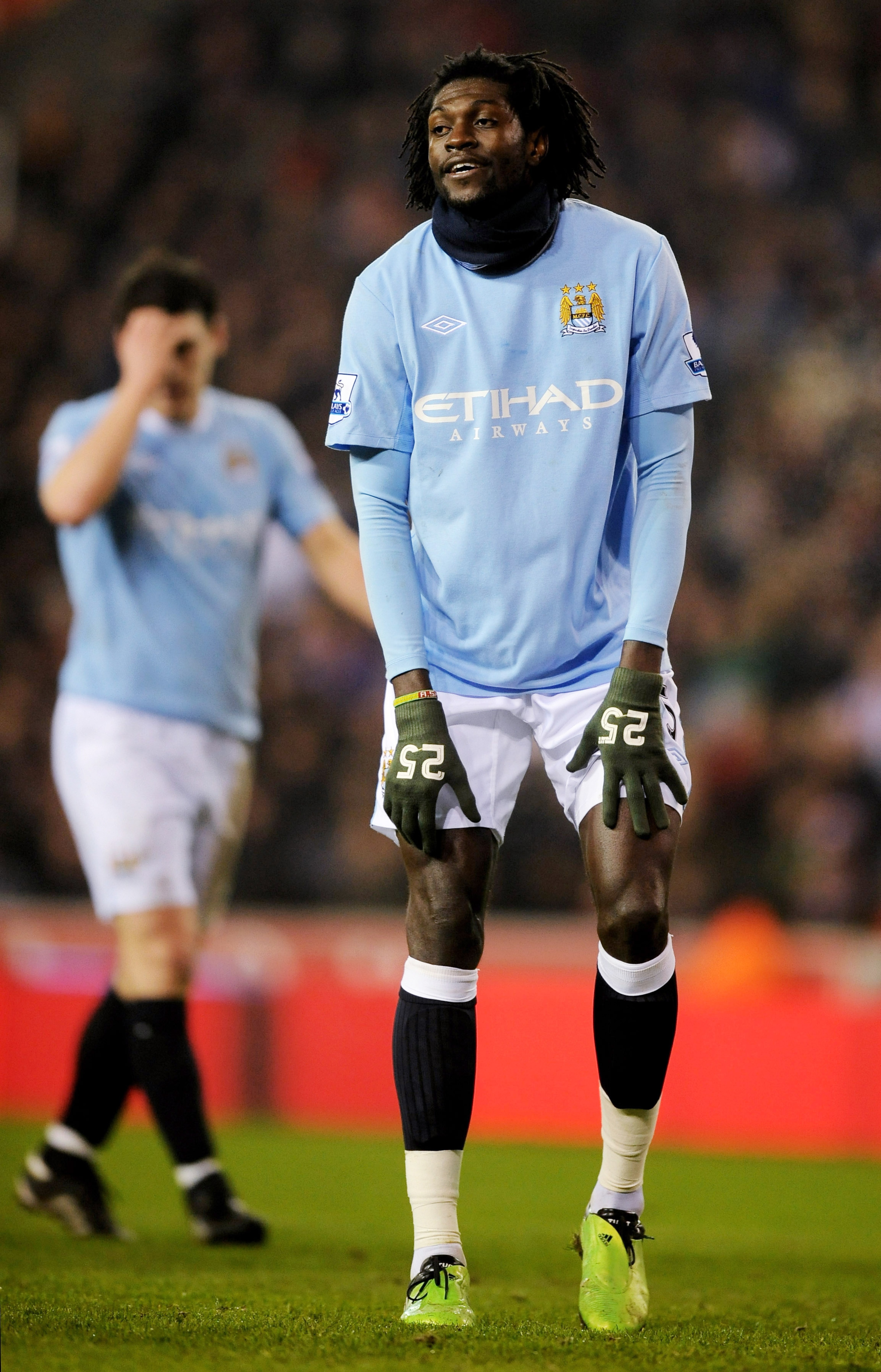 STOKE ON TRENT, ENGLAND - FEBRUARY 24:  Emmanuel Adebayor of Manchester City looks dejected after a missed chance during the FA Cup 5th round match between Stoke City and Manchester City at the Britannia Stadium on February 24, 2010 in Stoke on Trent, Eng