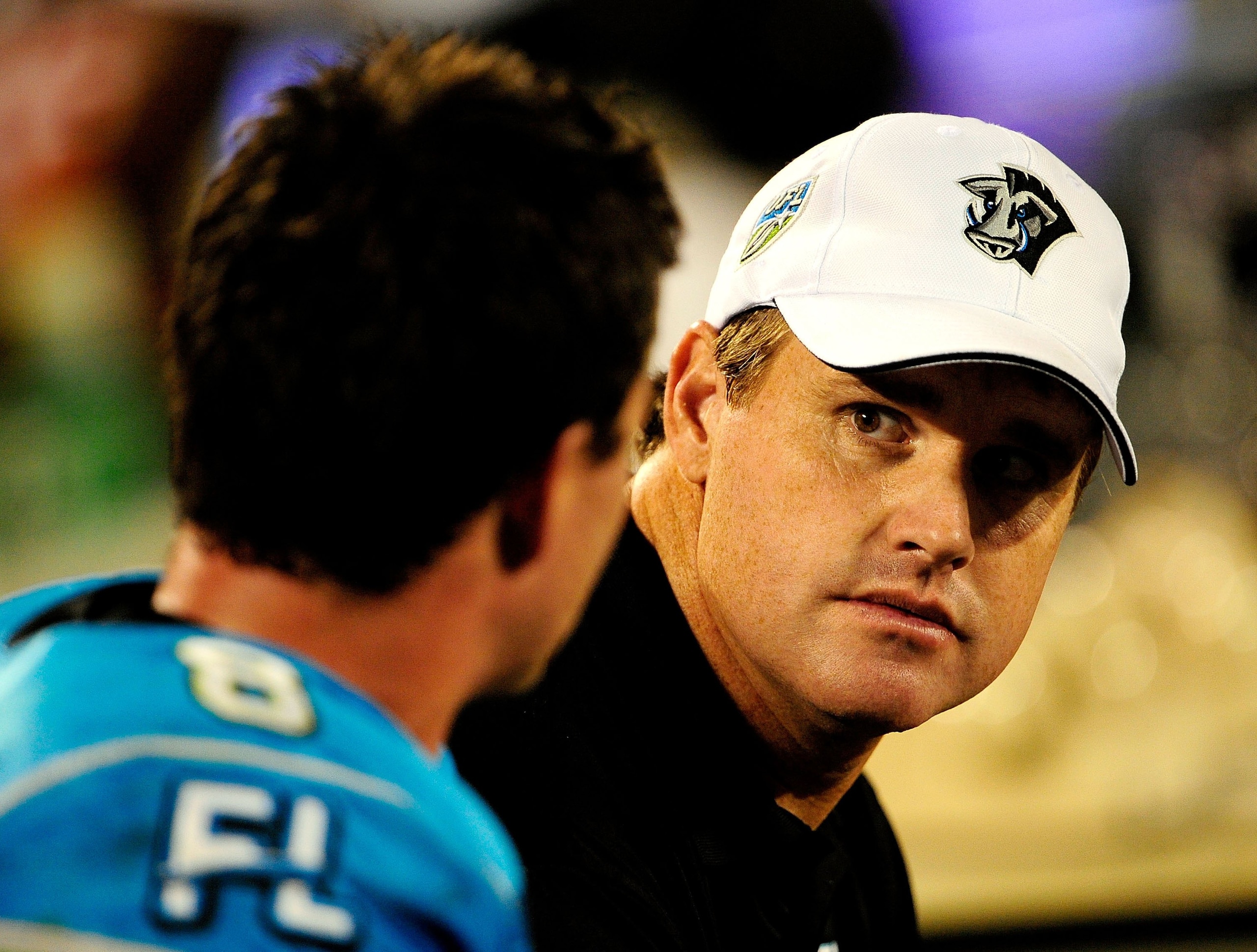 ORLANDO, FL - OCTOBER 22:  Offensive coordinator Jay Gruden of the Florida Tuskers talks with Brooks Bollinger #8 during the game against the California Redwoods at the Florida Citrus Bowl on October 22, 2009 in Orlando, Florida.  (Photo by Sam Greenwood/