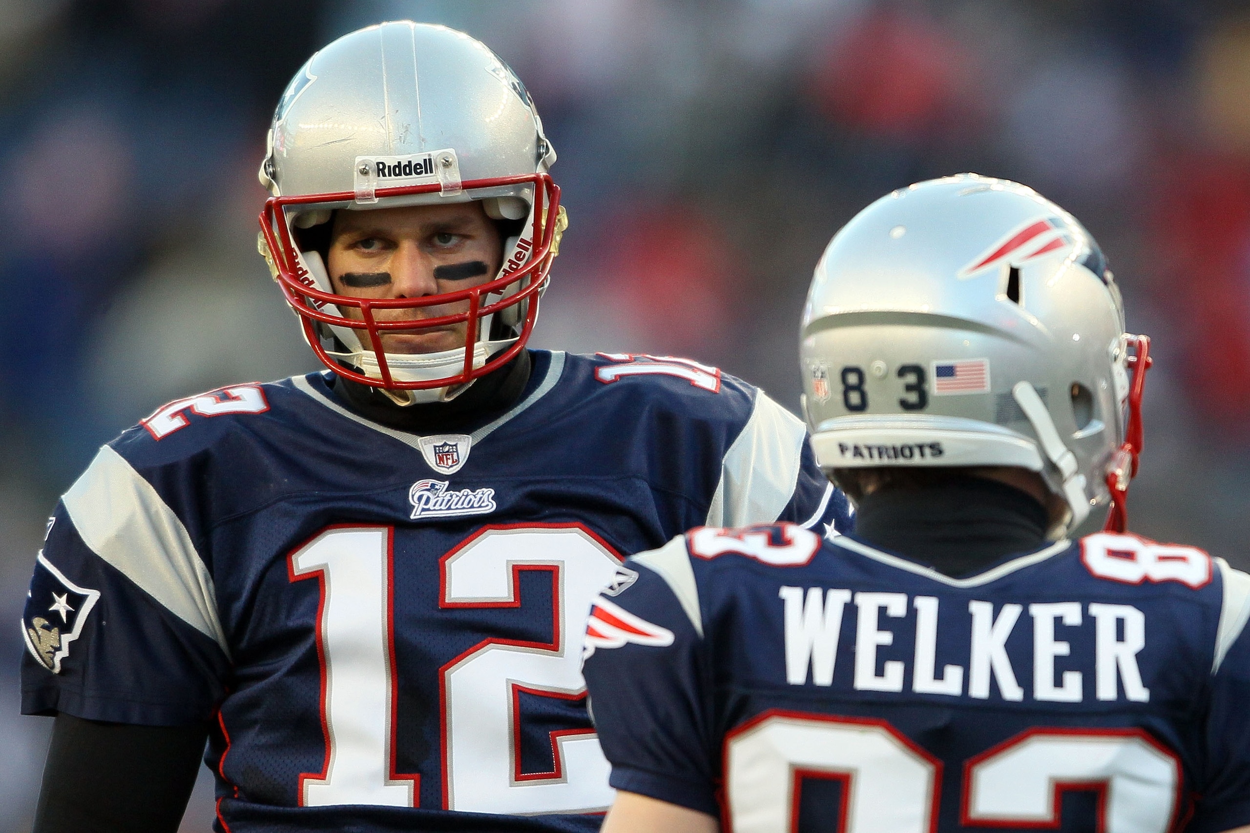 FOXBORO, MA - JANUARY 16: Tom Brady #12 and Wes Welker #83 of the New England Patriots look on during their 2011 AFC divisional playoff game against the New York Jets at Gillette Stadium on January 16, 2011 in Foxboro, Massachusetts. (Photo by Elsa/Gett FOXBORO, MA - JANUARY 16: Tom Brady #12 and Wes Welker #83 of the New England Patriots look on during their 2011 AFC divisional playoff game against the New York Jets at Gillette Stadium on January 16, 2011 in Foxboro, Massachusetts. (Photo by Elsa/Gett