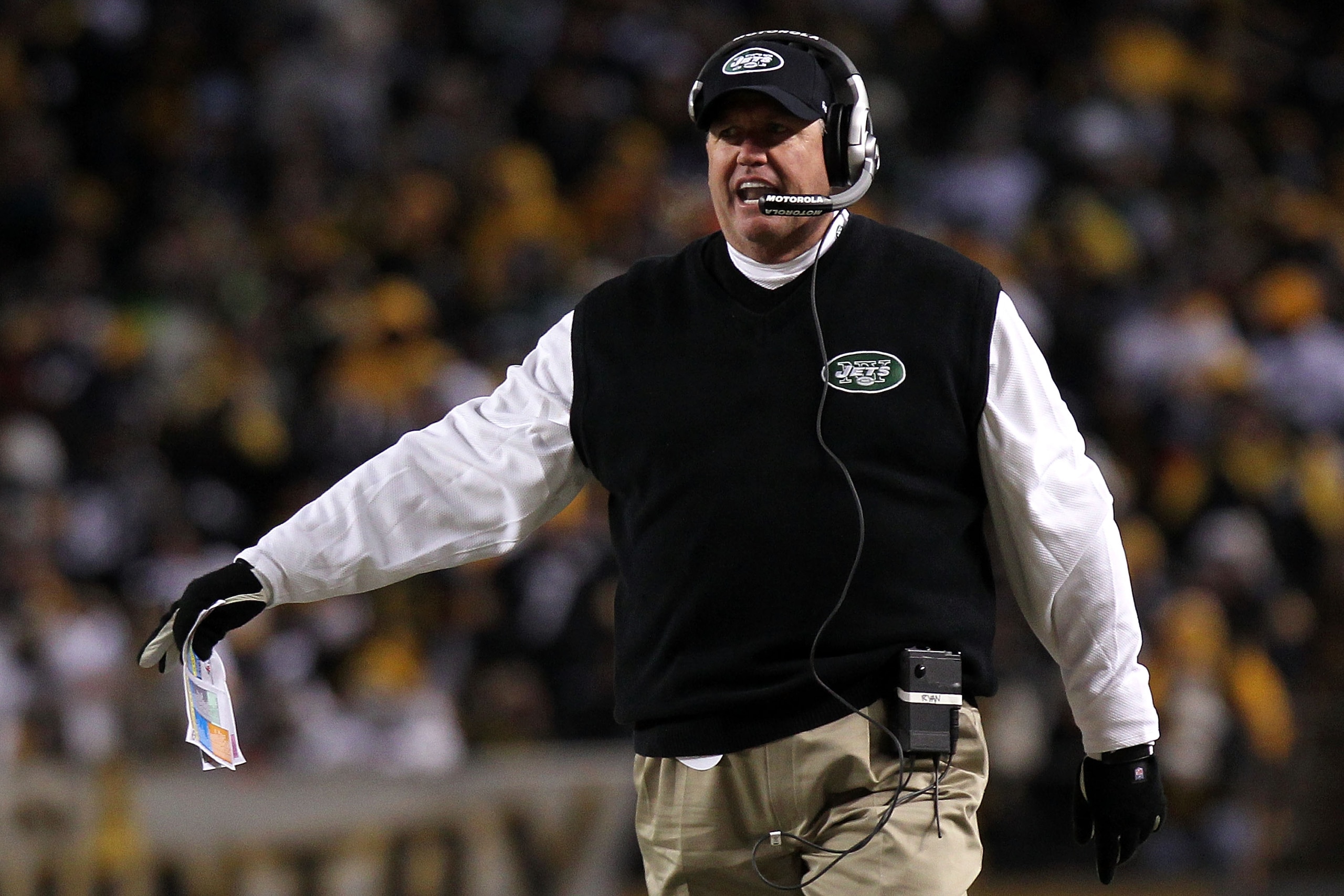 PITTSBURGH, PA - JANUARY 23: Head coach Rex Ryan of the New York Jets reacts during their 2011 AFC Championship game against the Pittsburgh Steelers at Heinz Field on January 23, 2011 in Pittsburgh, Pennsylvania. (Photo by Nick Laham/Getty Images) PITTSBURGH, PA - JANUARY 23: Head coach Rex Ryan of the New York Jets reacts during their 2011 AFC Championship game against the Pittsburgh Steelers at Heinz Field on January 23, 2011 in Pittsburgh, Pennsylvania. (Photo by Nick Laham/Getty Images)
