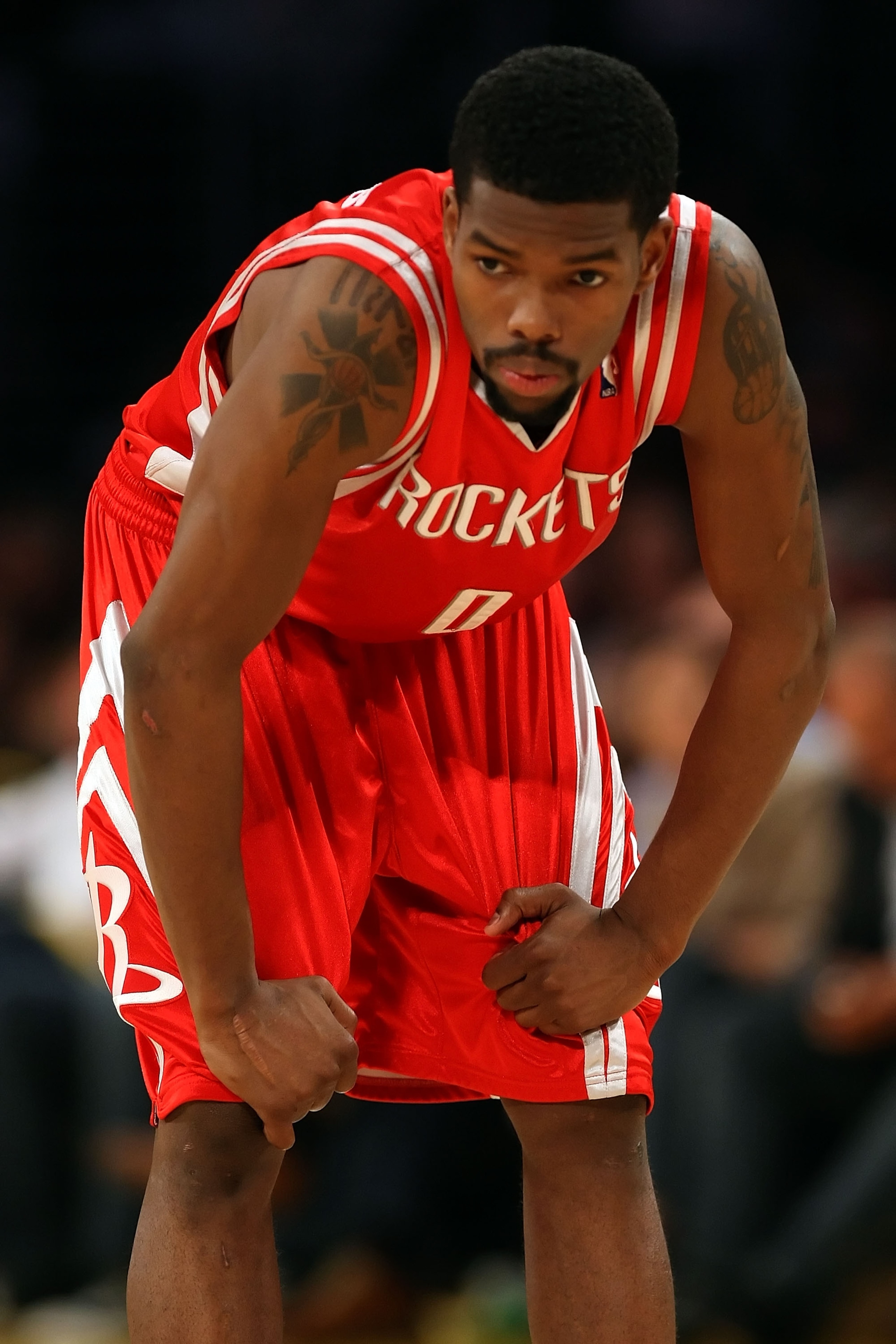 LOS ANGELES, CA - MAY 12:  Aaron Brooks #0 of the Houston Rockets looks on in the first half against the Los Angeles Lakers in Game Five of the Western Conference Semifinals during the 2009 NBA Playoffs at Staples Center on May 12, 2009 in Los Angeles, Ca