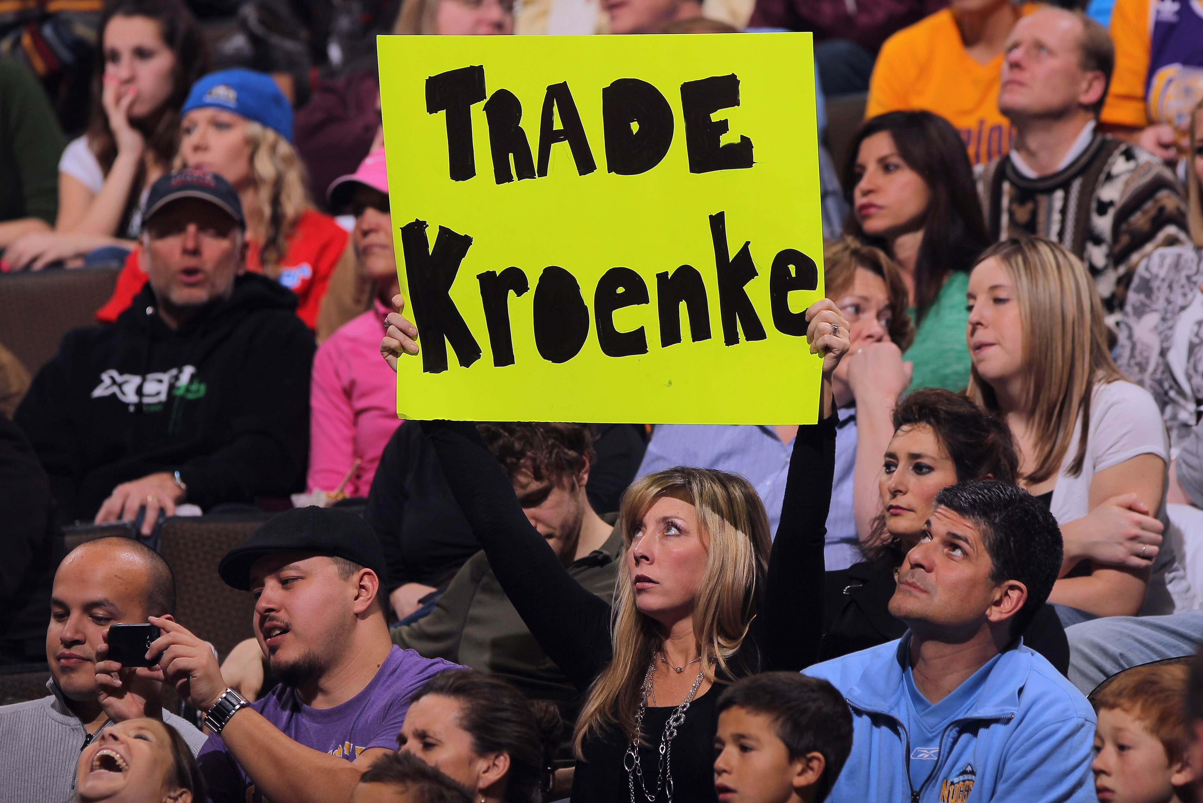 DENVER, CO - JANUARY 21:  A fan shows her lack of support of owner Stan Kroenke of the Denver Nuggets as they face the Los Angeles Lakers at the Pepsi Center on January 21, 2011 in Denver, Colorado. The Lakers defeated the Nuggets 107-97. NOTE TO USER: Us