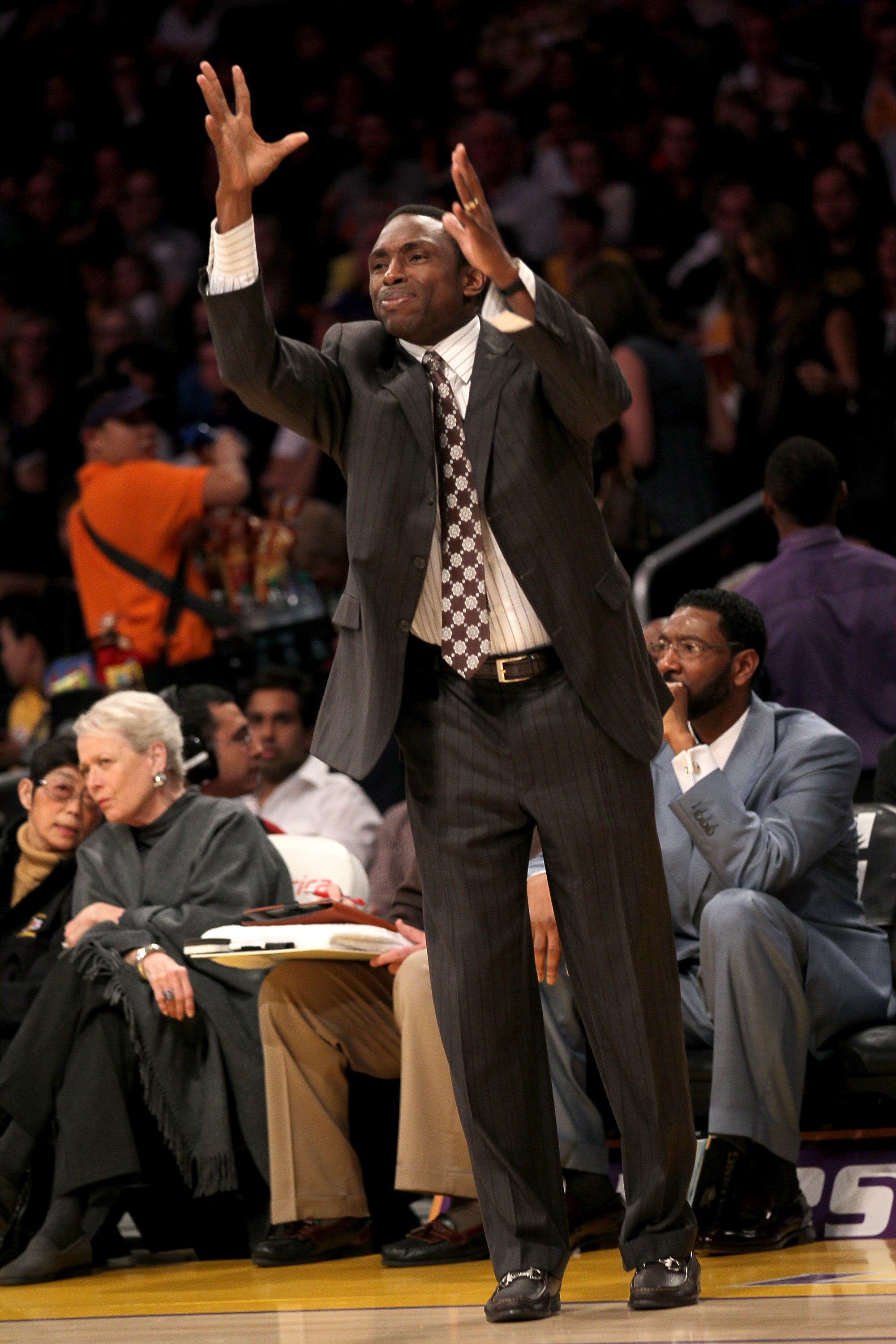LOS ANGELES, CA - JANUARY 14:  Head coach Avery Johnson of the New Jersey Nets shouts instructions in the game with the Los Angeles Lakers at Staples Center on January 14, 2011 in Los Angeles, California.  NOTE TO USER: User expressly acknowledges and agr