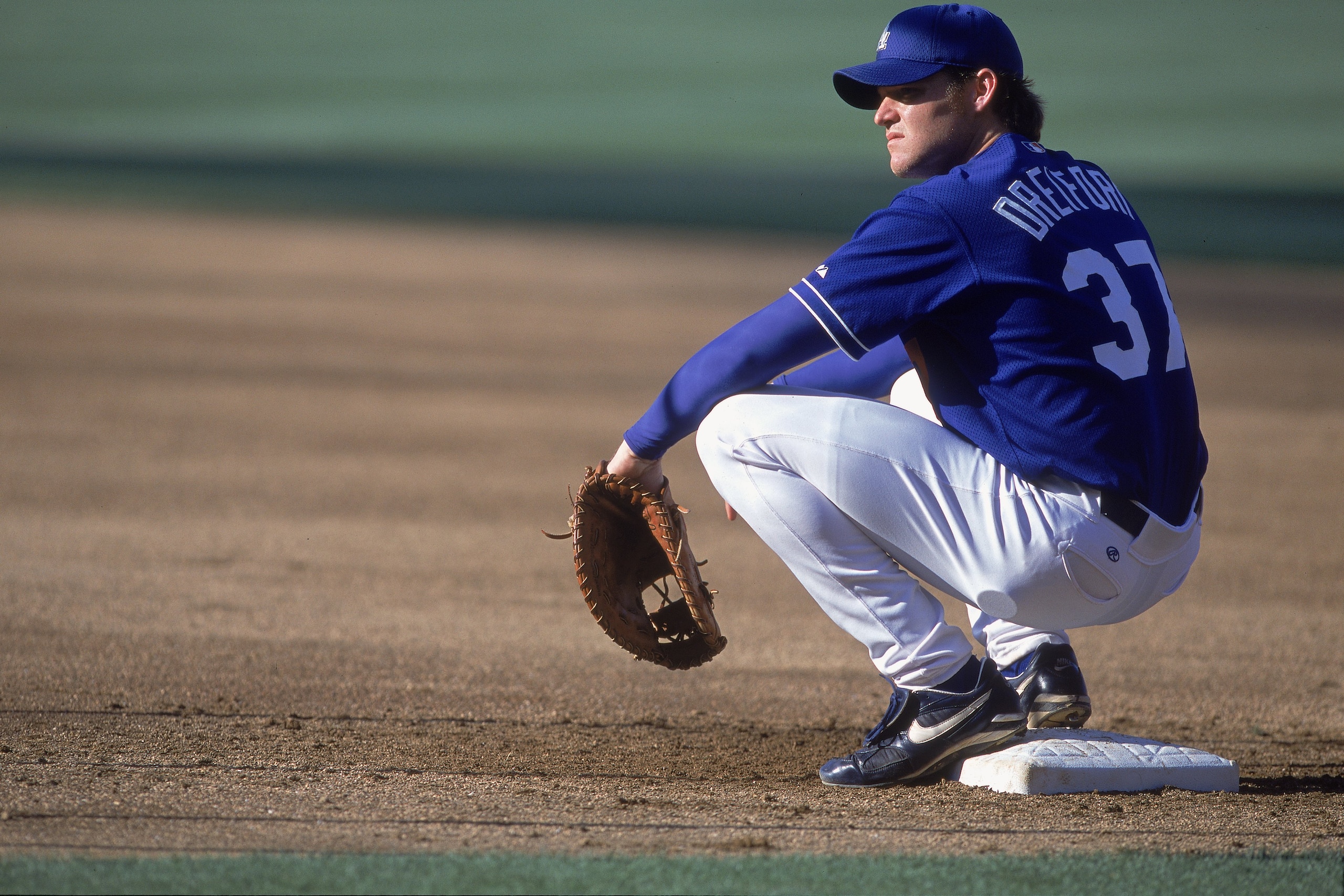 25 Apr 2001:  Darren Dreifort #37 of theLos Angeles Dodgers squats on the base during practice before the game against the Pittsburgh Pirates at Dodger Stadium in Los Angeles, California. The Dodgers defeated the Pirates 6-5.Mandatory Credit: Jeff Gross