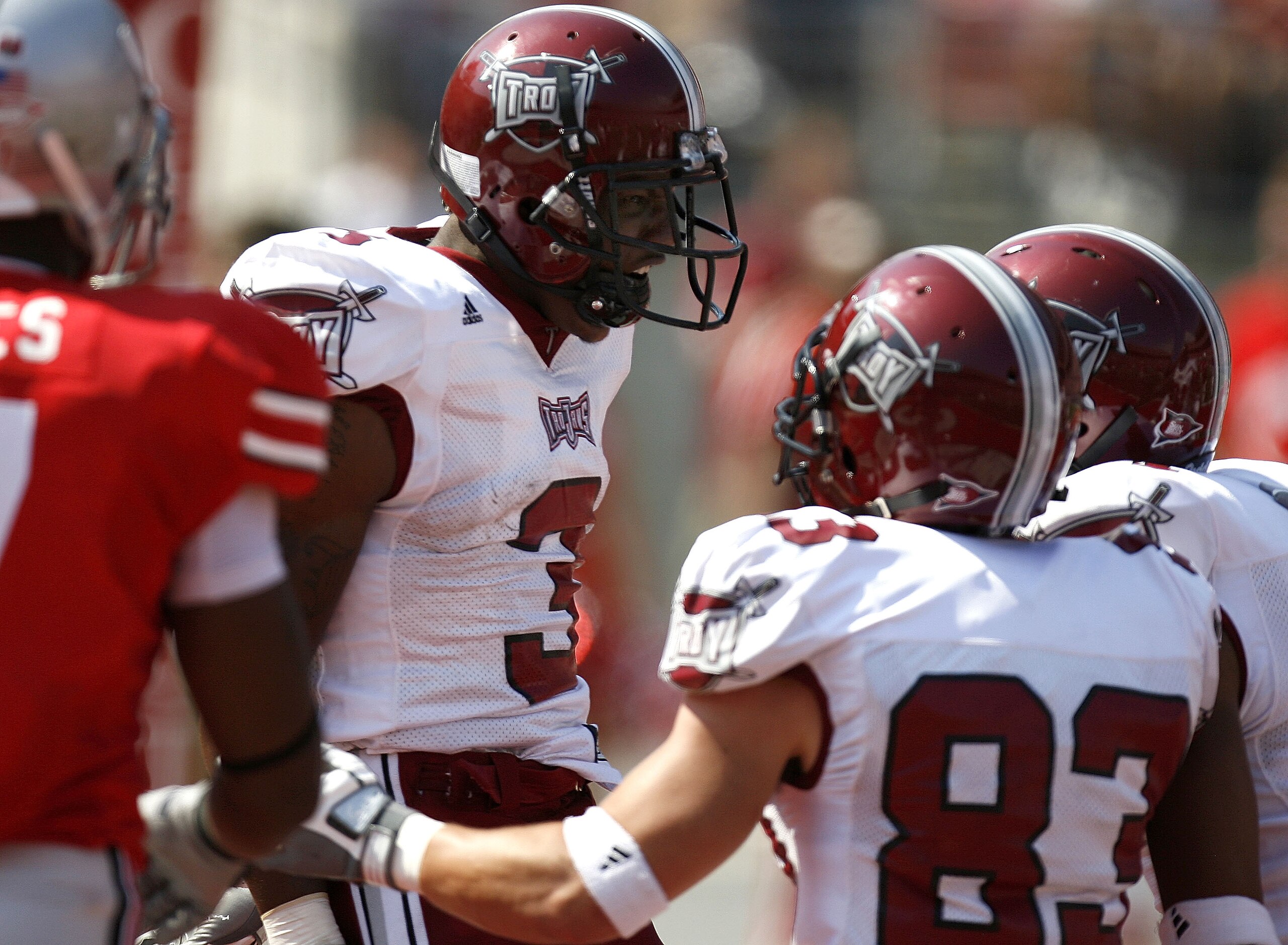 COLUMBUS, OH - SEPTEMBER 20: Jerrel Jernigan #3 of the Troy Trojans celebrates a second quarter touchdown with Zack Marcum #83 while playing the Ohio State Buckeyes on September 20, 2008 at Ohio Stadium in Columbus, Ohio. (Photo by Gregory Shamus/Getty COLUMBUS, OH - SEPTEMBER 20: Jerrel Jernigan #3 of the Troy Trojans celebrates a second quarter touchdown with Zack Marcum #83 while playing the Ohio State Buckeyes on September 20, 2008 at Ohio Stadium in Columbus, Ohio. (Photo by Gregory Shamus/Getty