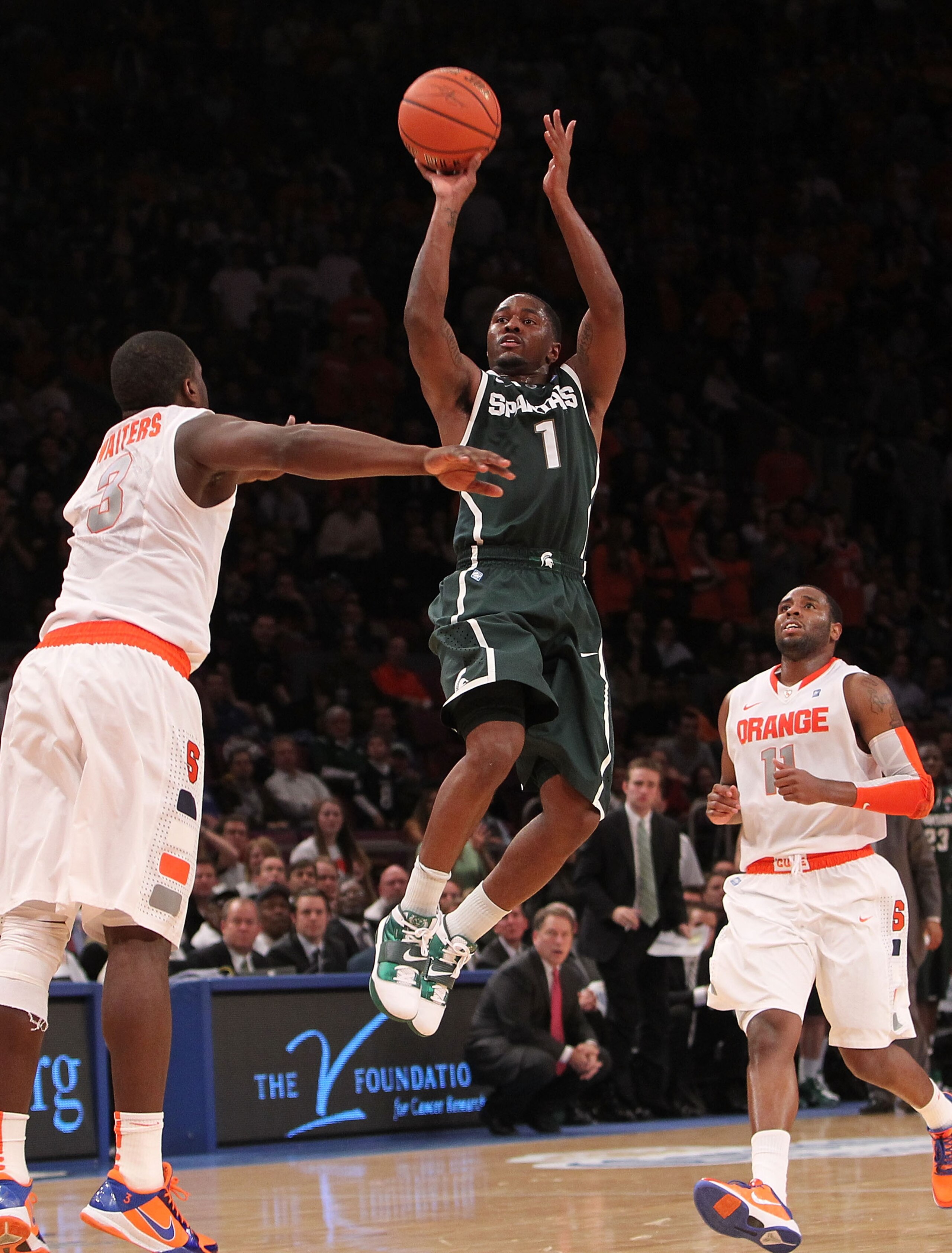 NEW YORK, NY - DECEMBER 07: Kalin Lucas #1  of the Michigan Spartans shoots a three pointer against Syracuse Orange during their game at the Jimmy V Classic at Madison Square Garden on December 7, 2010 in New York City.  (Photo by Nick Laham/Getty Images)