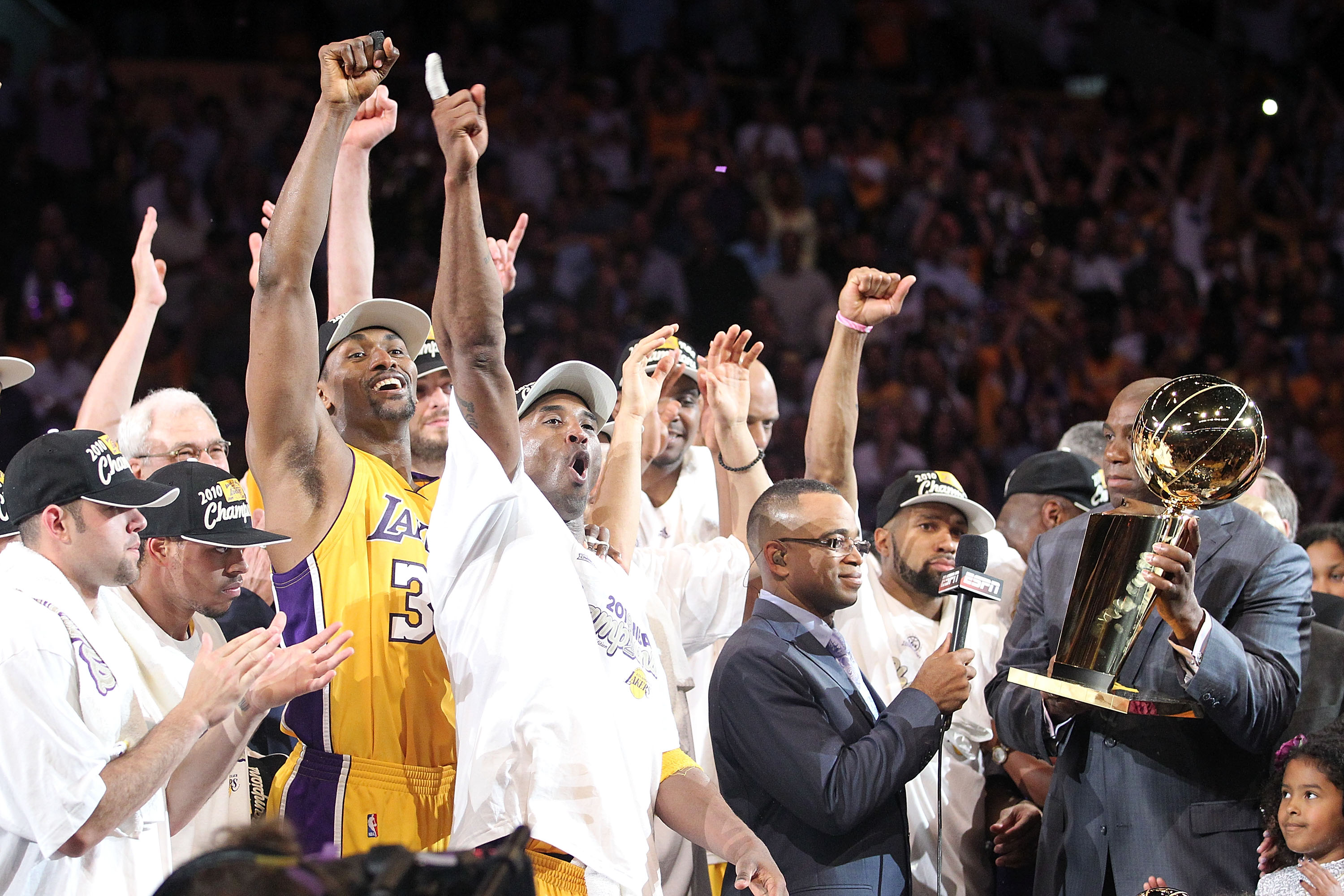 LOS ANGELES, CA - JUNE 17:  Kobe Bryant #24 of the Los Angeles Lakers h celebrates after the Lakers defeated the Boston Celtics 83-79 in Game Seven of the 2010 NBA Finals at Staples Center on June 17, 2010 in Los Angeles, California.  NOTE TO USER: User e