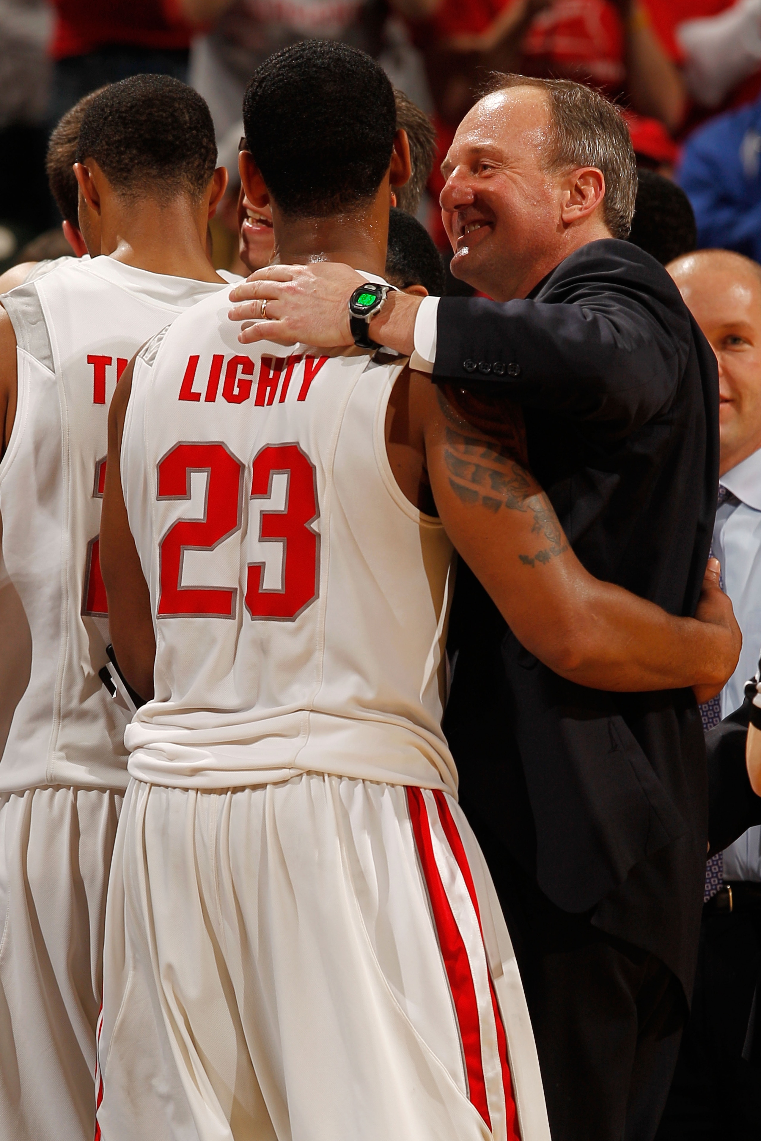 INDIANAPOLIS - MARCH 14:  Guard David Lighty #23 and head coach Thad Matta of the Ohio State Buckeyes celebrate in the final moments of the championship game in the Big Ten Men's Basketball Tournament at Conseco Fieldhouse on March 14, 2010 in Indianapoli