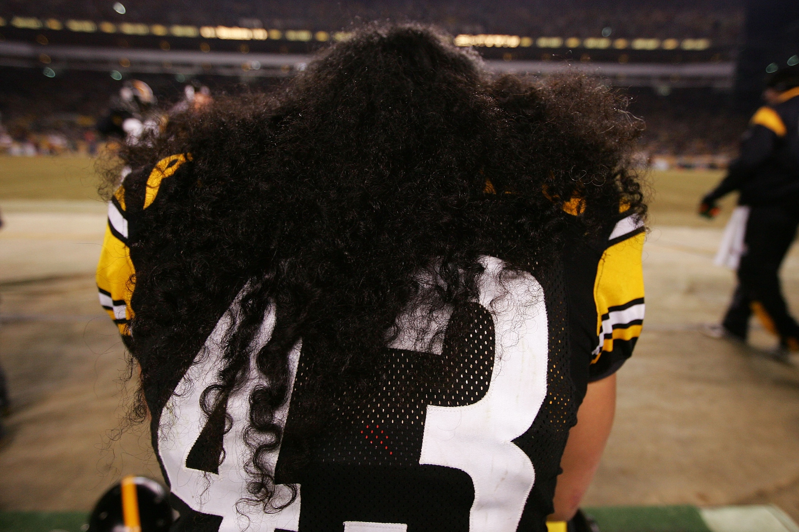 PITTSBURGH - JANUARY 18:  A detail of the hair Troy Polamalu #43 of of the Pittsburgh Steelers against the Baltimore Ravens during the AFC Championship game on January 18, 2009 at Heinz Field in Pittsburgh, Pennsylvania.  (Photo by Al Bello/Getty Images)