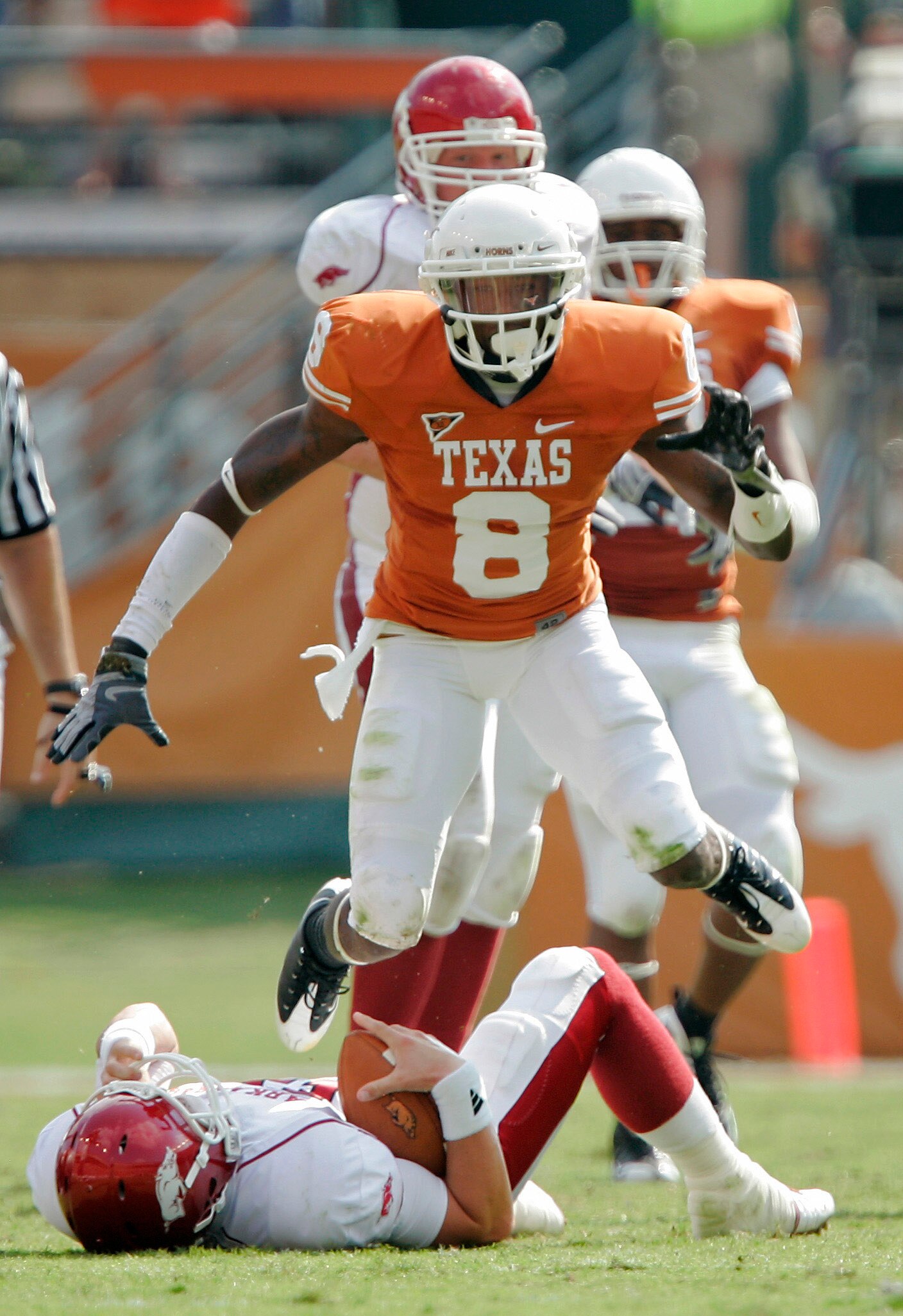 AUSTIN, TX - SEPTEMBER 27:  Cornerback Chykie Brown #8 of the Texas Longhorns celebrates after sacking quarterback Casey Dick #11 of the Arkansas Razorbacks for a loss of 8 yards in the second quarter on September 27, 2008 at Darrell K Royal-Texas Memoria