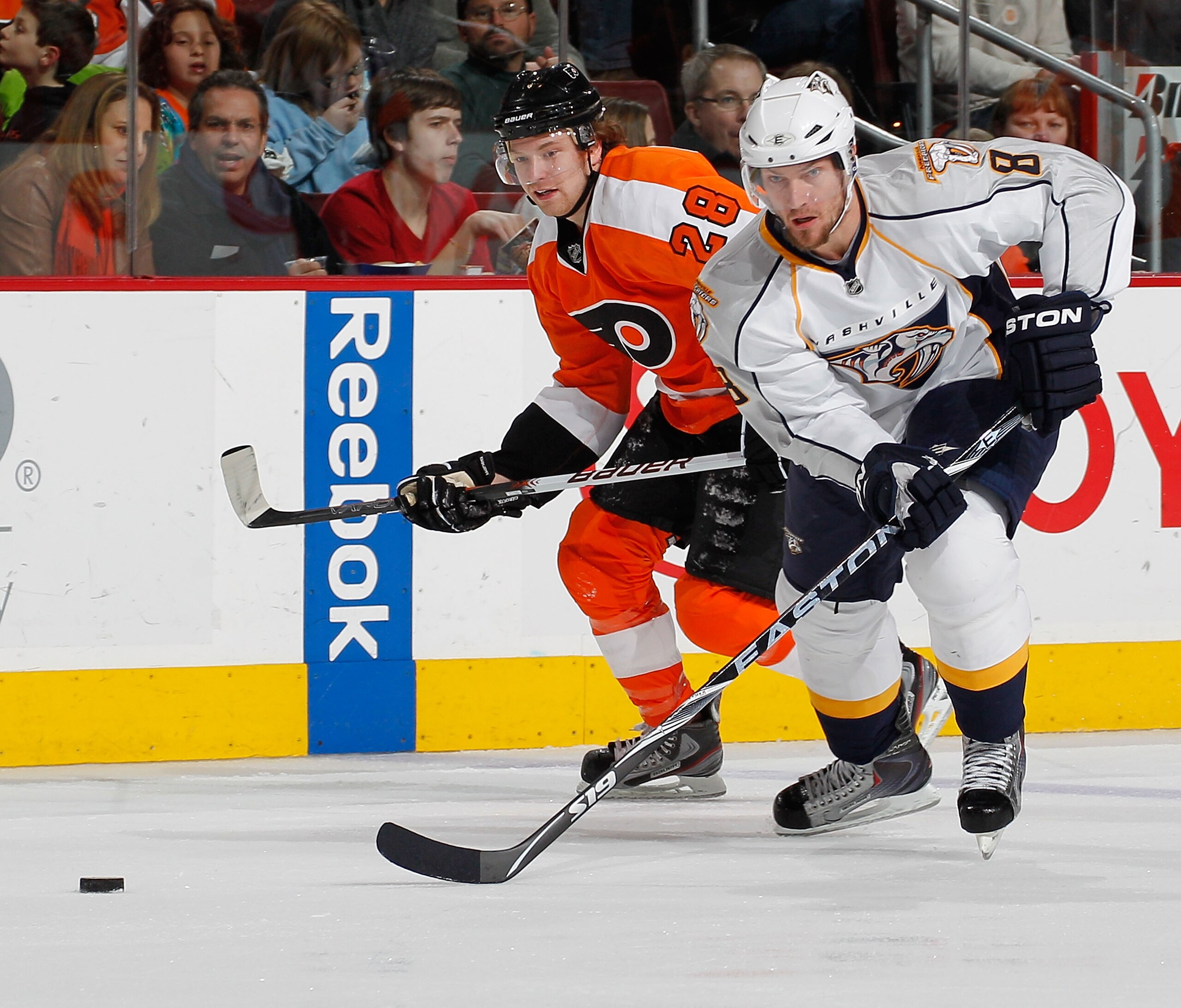 PHILADELPHIA, PA - FEBRUARY 03:  Kevin Klein #8 of the Nashville Predators skates during an NHL hockey game against the Philadelphia Flyers at the Wells Fargo Center on February 3, 2011 in Philadelphia, Pennsylvania.  (Photo by Paul Bereswill/Getty Images