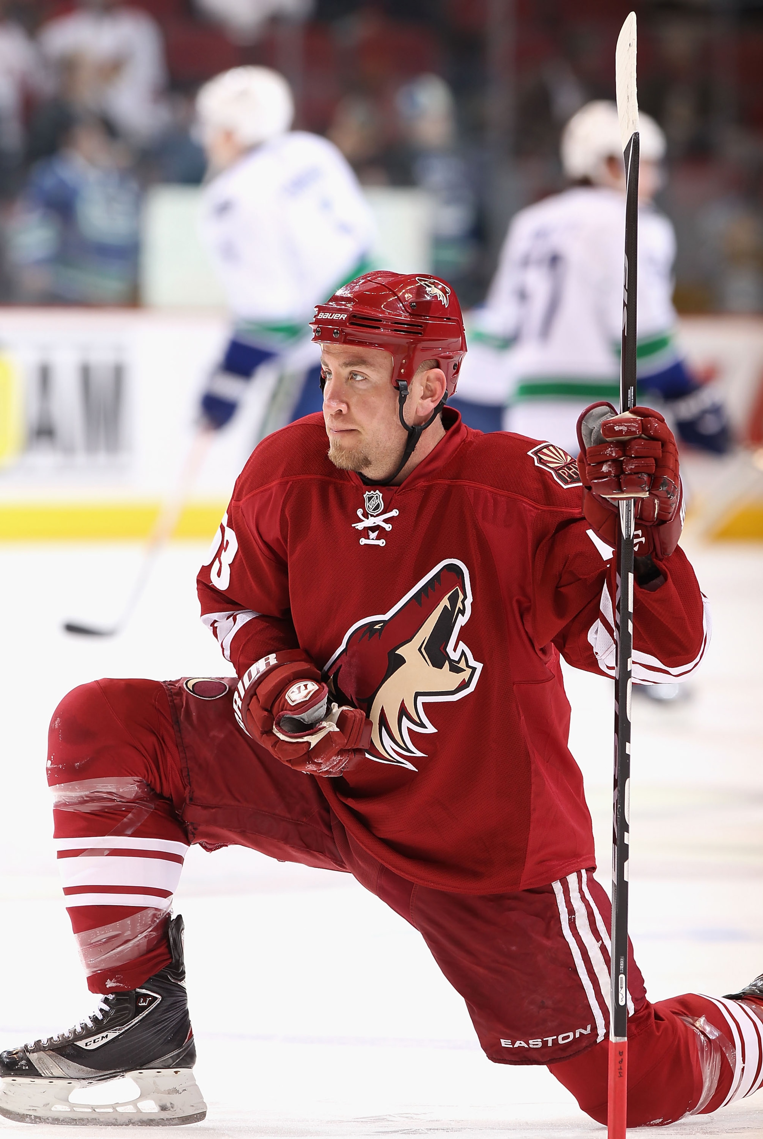GLENDALE, AZ - FEBRUARY 02:  Derek Morris #53 of the Phoenix Coyotes warms up before the NHL game against the Vancouver Canucks at Jobing.com Arena on February 2, 2011 in Glendale, Arizona.  (Photo by Christian Petersen/Getty Images)