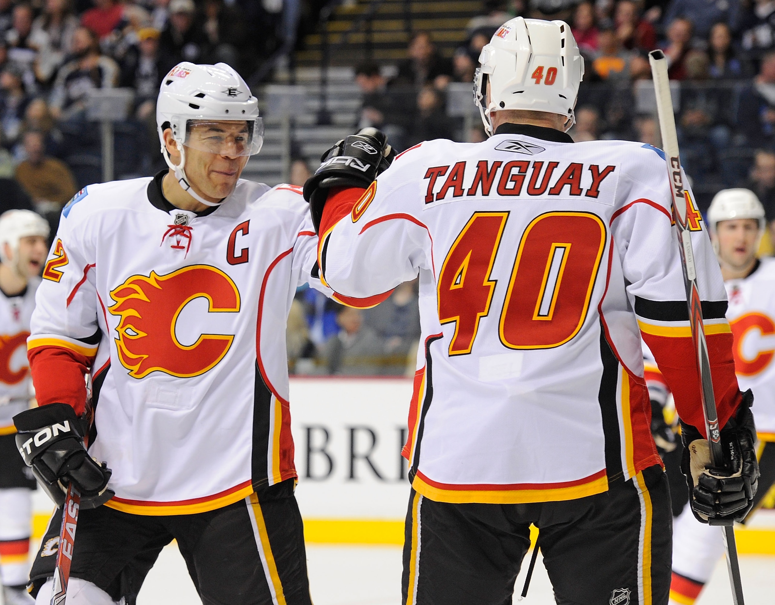 NASHVILLE, TN - FEBRUARY 01:  Jarome Iginla #12 and Alex Tanguay #40 of the Calgary Flames celebrate after a goal against the Nashville Predatorson February 1, 2011 at the Bridgestone Arena in Nashville, Tennessee.  (Photo by Frederick Breedon/Getty Image