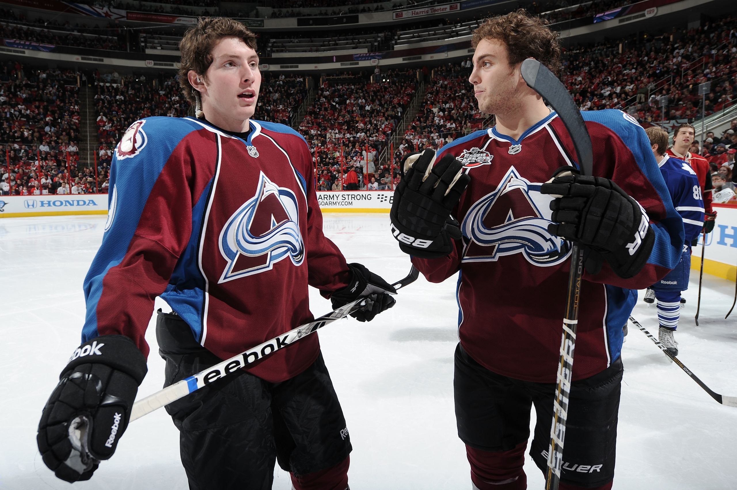 RALEIGH, NC - JANUARY 29:  Keven Shattenkirk #8 and Matt Duchene #9 of the Colorado Avalanche during the Honda NHL SuperSkills competition part of 2011 NHL All-Star Weekend at the RBC Center on January 29, 2011 in Raleigh, North Carolina.  (Photo by Harry