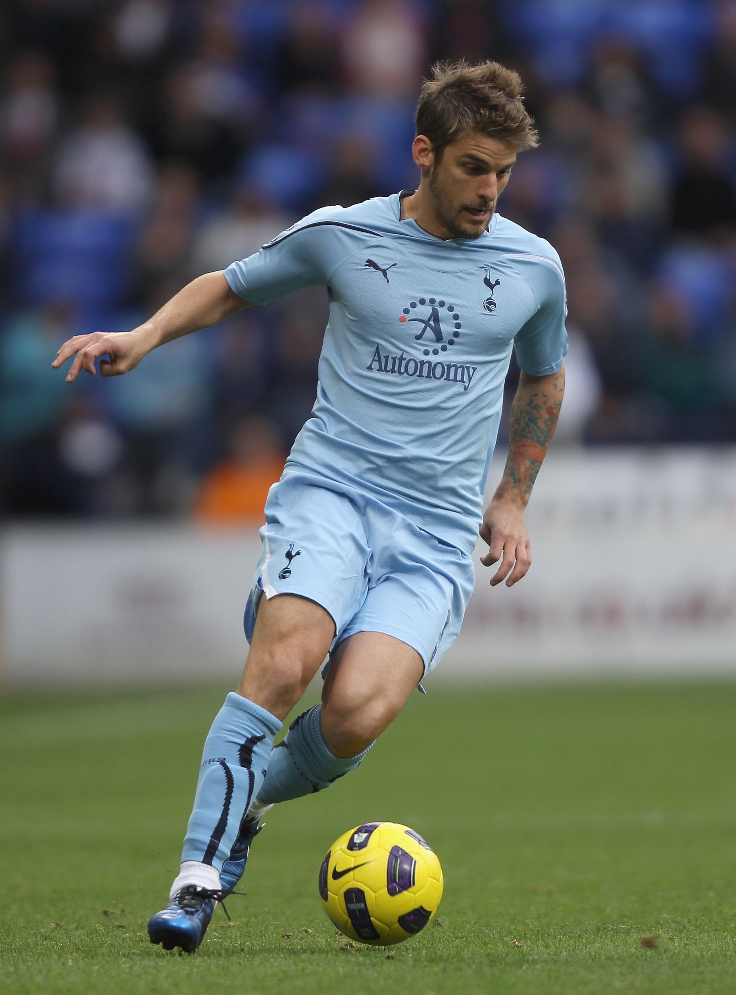BOLTON, ENGLAND - NOVEMBER 06:  David Bentley of Tottenham Hotspur in action during the Barclays Premier League match between Bolton Wanderers and Tottenham Hotspur at the Reebok Stadium on November 6, 2010 in Bolton, England.  (Photo by Clive Brunskill/G