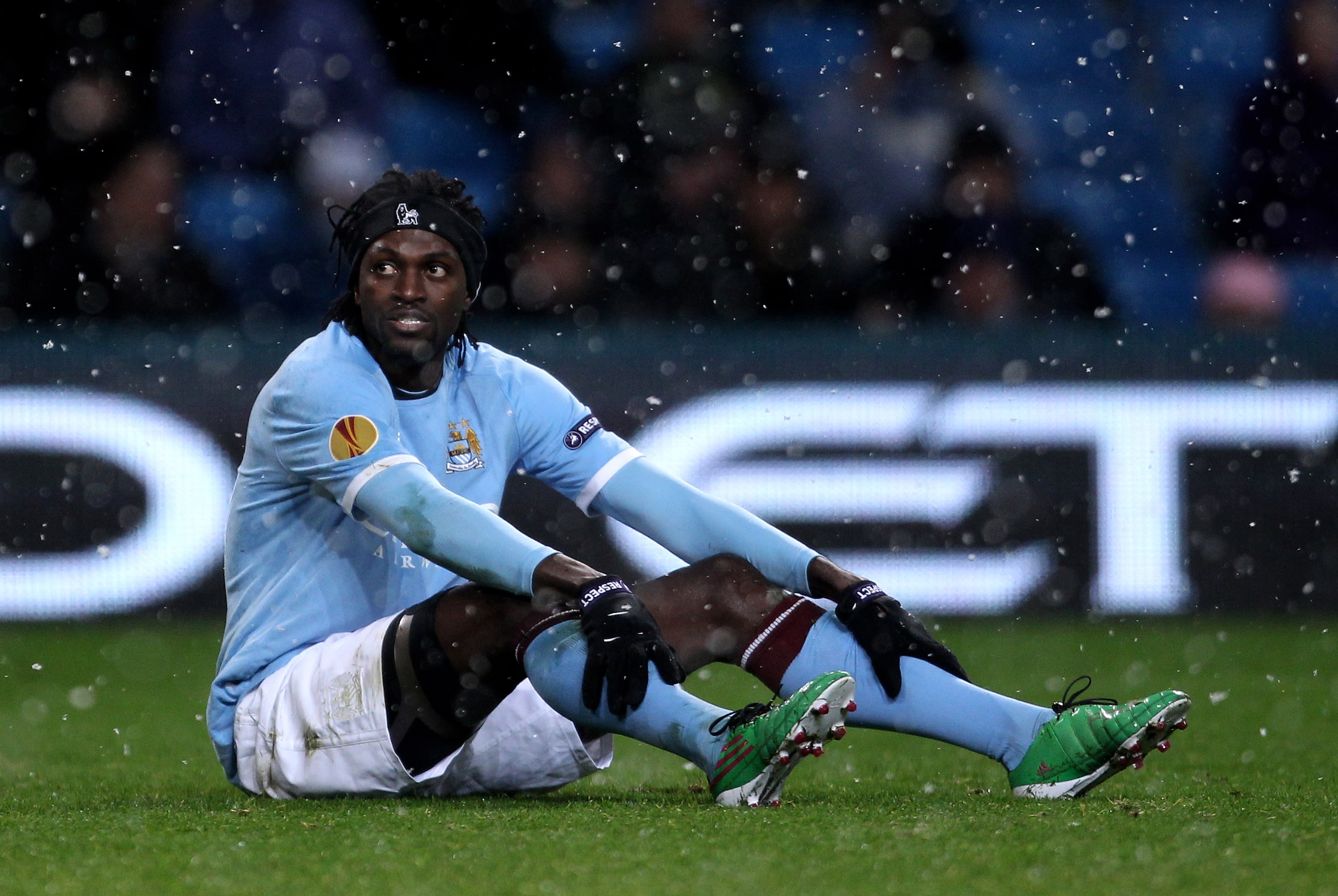 MANCHESTER, ENGLAND - DECEMBER 01:   Emmanuel Adebayor of Manchester City looks on during the UEFA Europa League Group A match between Manchester City and FC Salzburg at the City of Manchester Stadium on December 1, 2010 in Manchester, England. (Photo by 