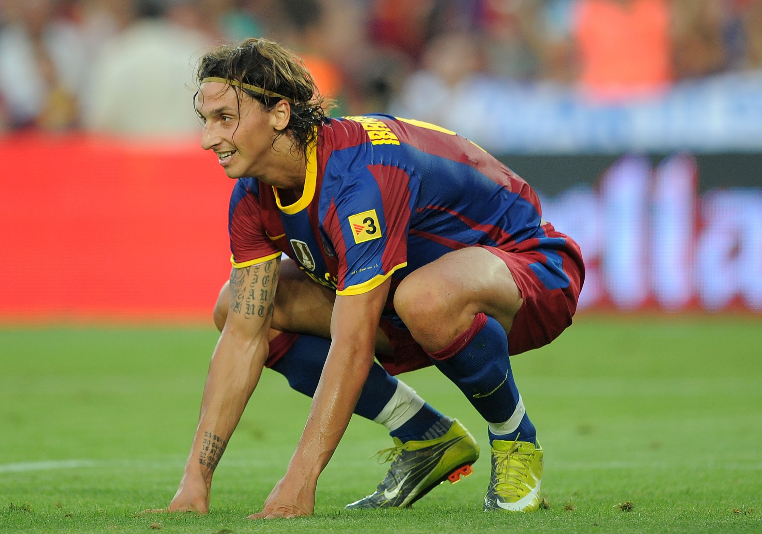 BARCELONA, SPAIN - AUGUST 25:  Zlatan Ibrahimovic of Barcelona gets up during the Joan Gamper Trophy match between Barcelona and AC Milan at Camp Nou stadium on August 25, 2010 in Barcelona, Spain.  (Photo by Denis Doyle/Getty Images)