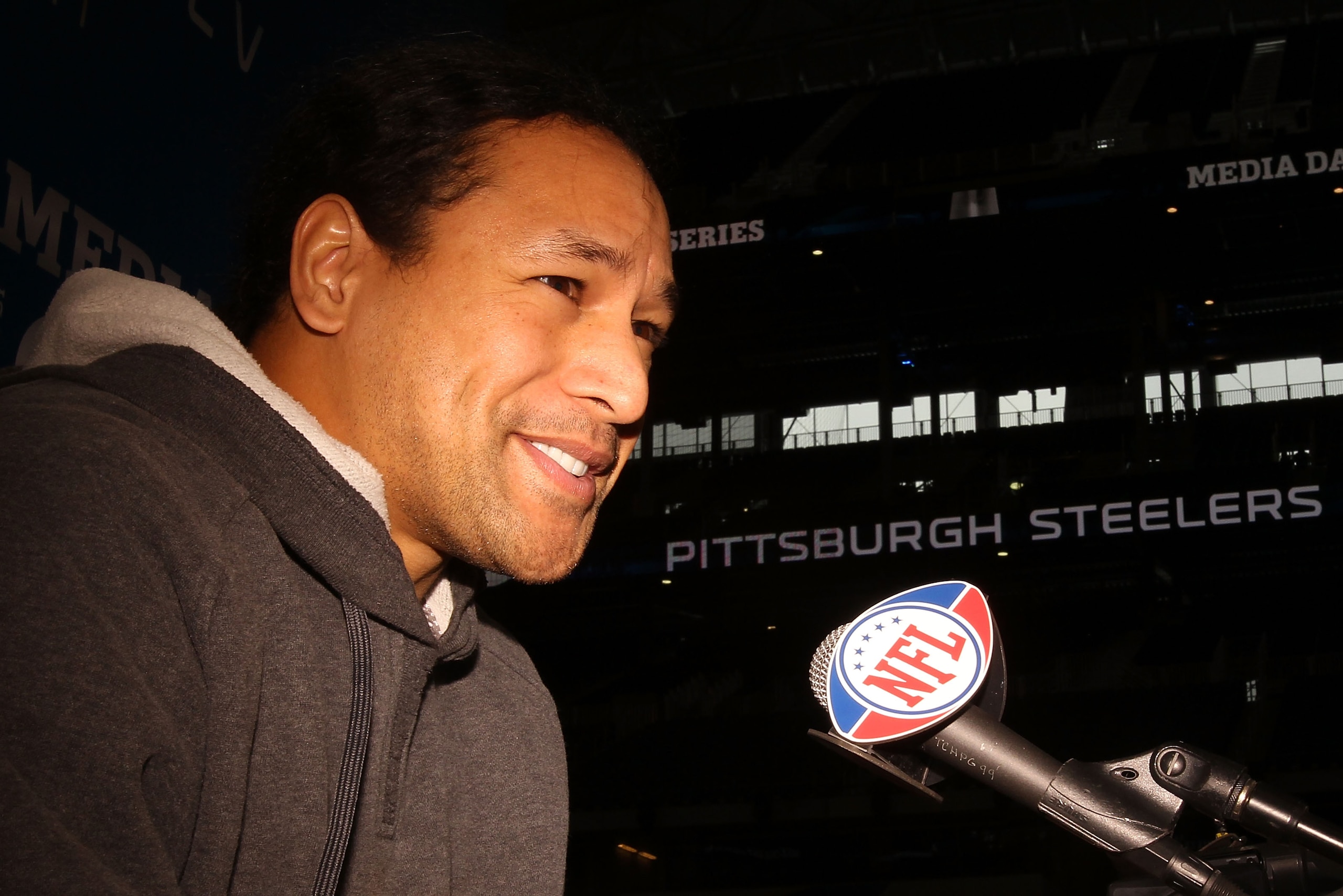 ARLINGTON, TX - FEBRUARY 01:  Troy Polamalu #43 of the Pittsburgh Steelers addresses the media during Super Bowl XLV Media Day ahead of Super Bowl XLV at Cowboys Stadium on February 1, 2011 in Arlington, Texas. The Pittsburgh Steelers will play the Green