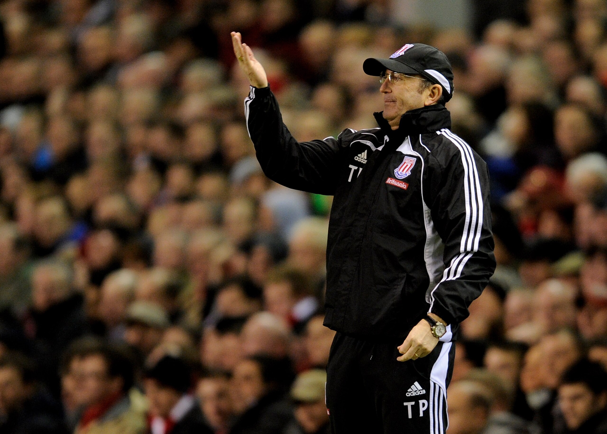 LIVERPOOL, ENGLAND - FEBRUARY 02:  Stoke City Manager Tony Pulis gestures during the Barclays Premier League match between Liverpool and Stoke City at Anfield on February 2, 2011 in Liverpool, England. (Photo by Michael Regan/Getty Images)