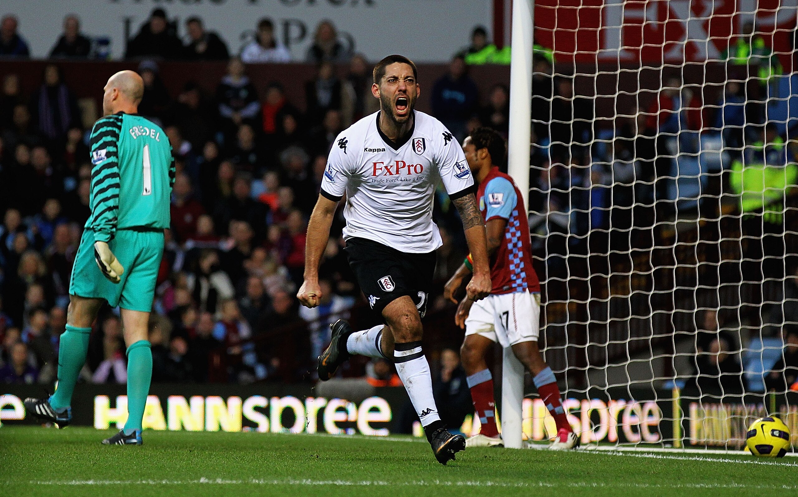 BIRMINGHAM, ENGLAND - FEBRUARY 05:  Clint Dempsey of Fulham celebrates his goal during the Barclays Premier League match between Aston Villa and Fulham at Villa Park on February 5, 2011 in Birmingham, England.  (Photo by Matthew Lewis/Getty Images)