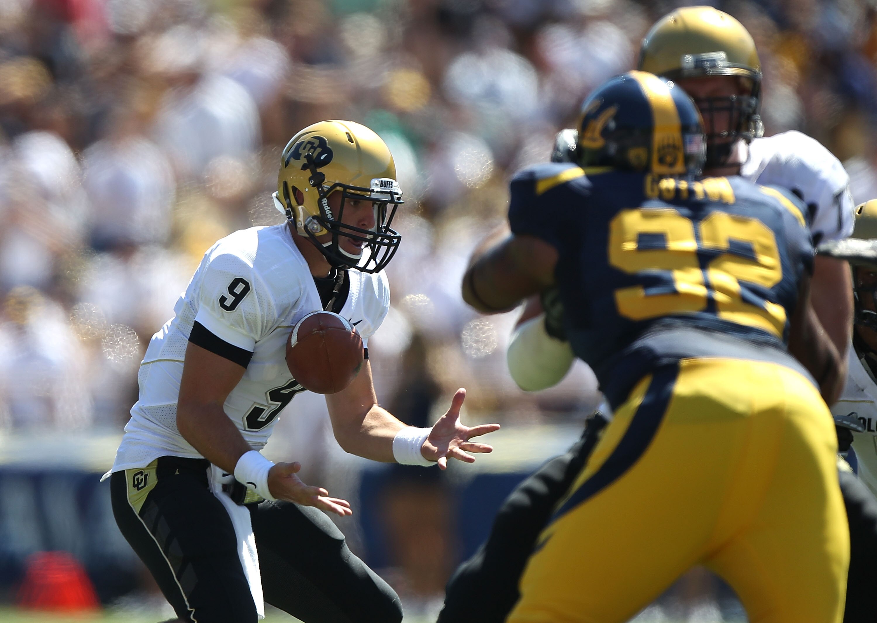 BERKELEY, CA - SEPTEMBER 11:  Jimmy Smith #3 of the Colorado Buffaloes bobbles the ball against the California Golden Bears at California Memorial Stadium on September 11, 2010 in Berkeley, California.  (Photo by Jed Jacobsohn/Getty Images)