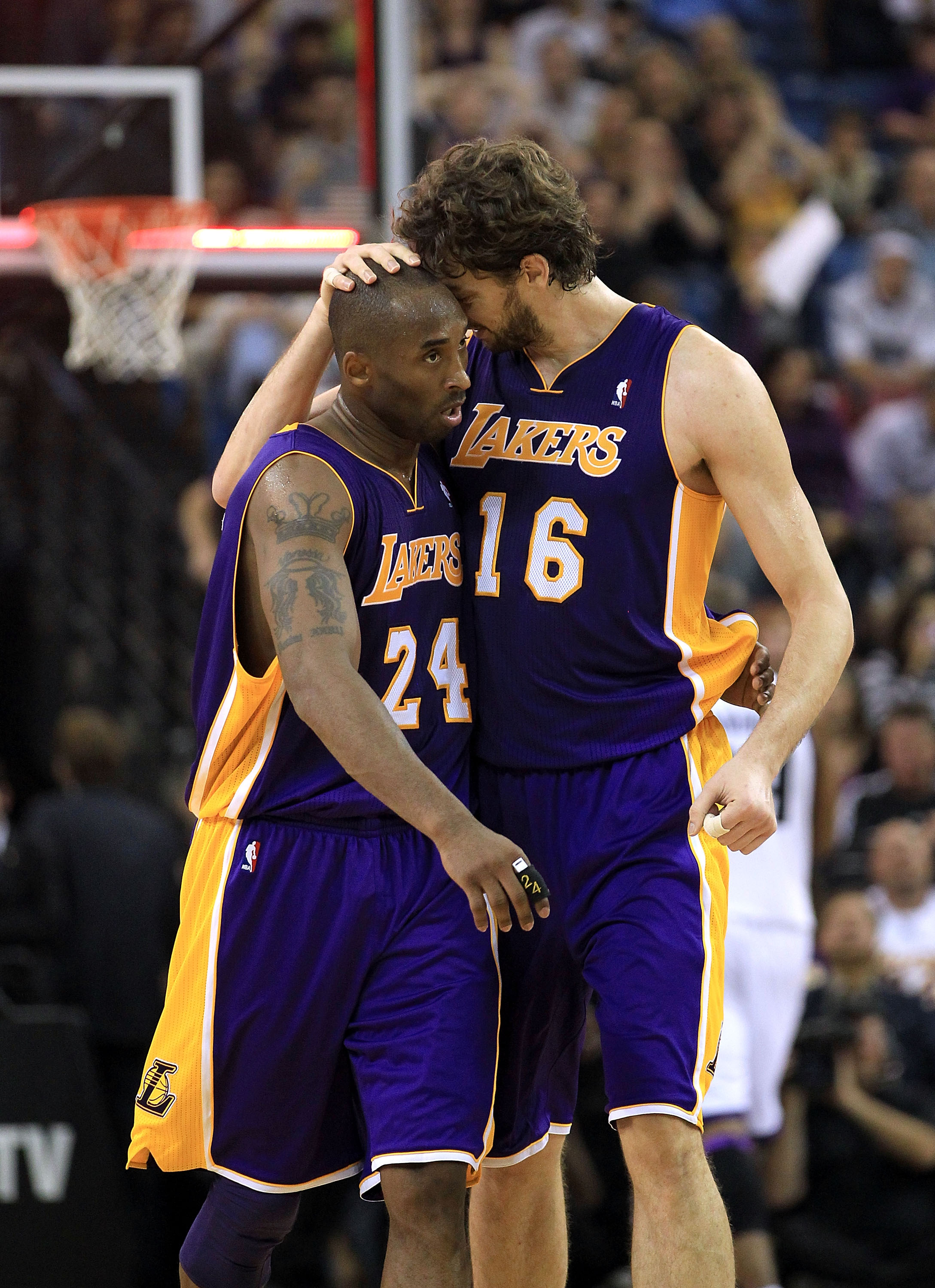 SACRAMENTO, CA - NOVEMBER 03: Kobe Bryant #24 and Pau Gasol #16 of the Los Angeles Lakers walk off the court for halftime after the Lakers made a last second shot against the Sacramento Kings at ARCO Arena on November 3, 2010 in Sacramento, California.