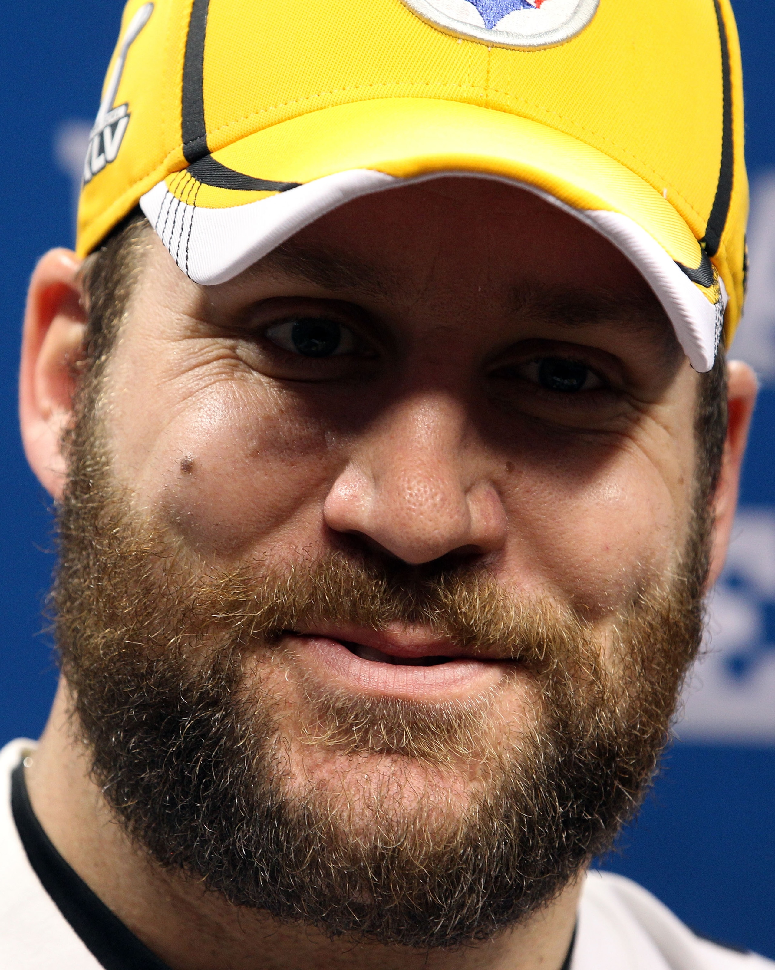 ARLINGTON, TX - FEBRUARY 01:  Quarterback Ben Roethlisberger #7 of the Pittsburgh Steelers smiles from the podium during Super Bowl XLV Media Day ahead of Super Bowl XLV at Cowboys Stadium on February 1, 2011 in Arlington, Texas. The Pittsburgh Steelers w