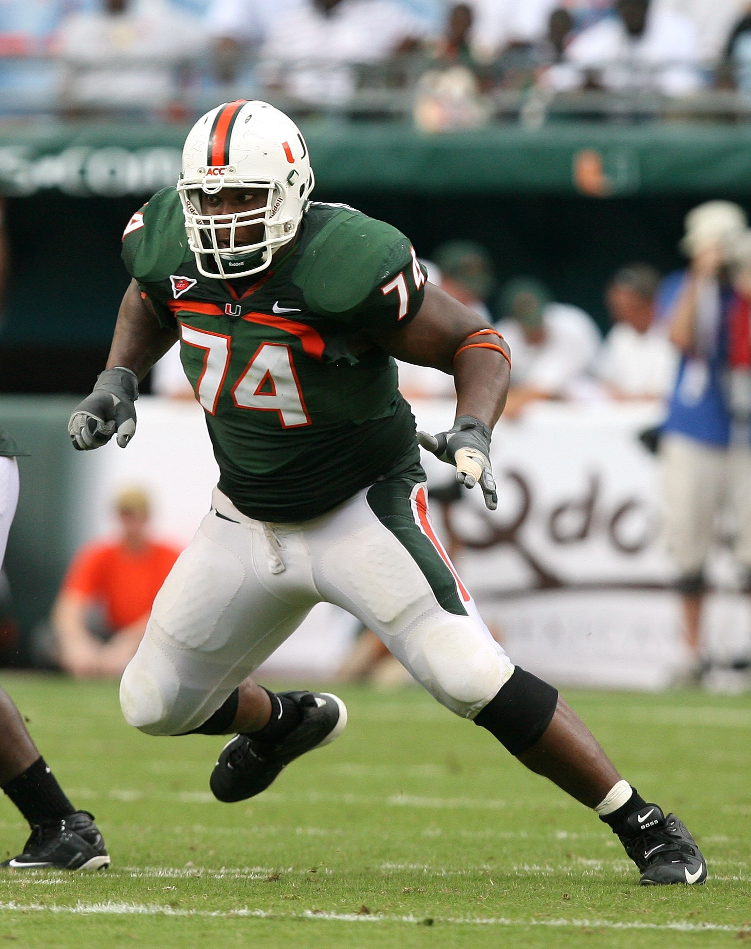 MIAMI - OCTOBER 25:  Offensive lineman Orlando Franklin #74 of the Miami Hurricanes drops back to block while taking on the Wake Forest Demon Decons at Dolphin Stadium on October 25, 2008 in Miami, Florida. Miami defeated Wake Forest 16-10.  (Photo by Dou