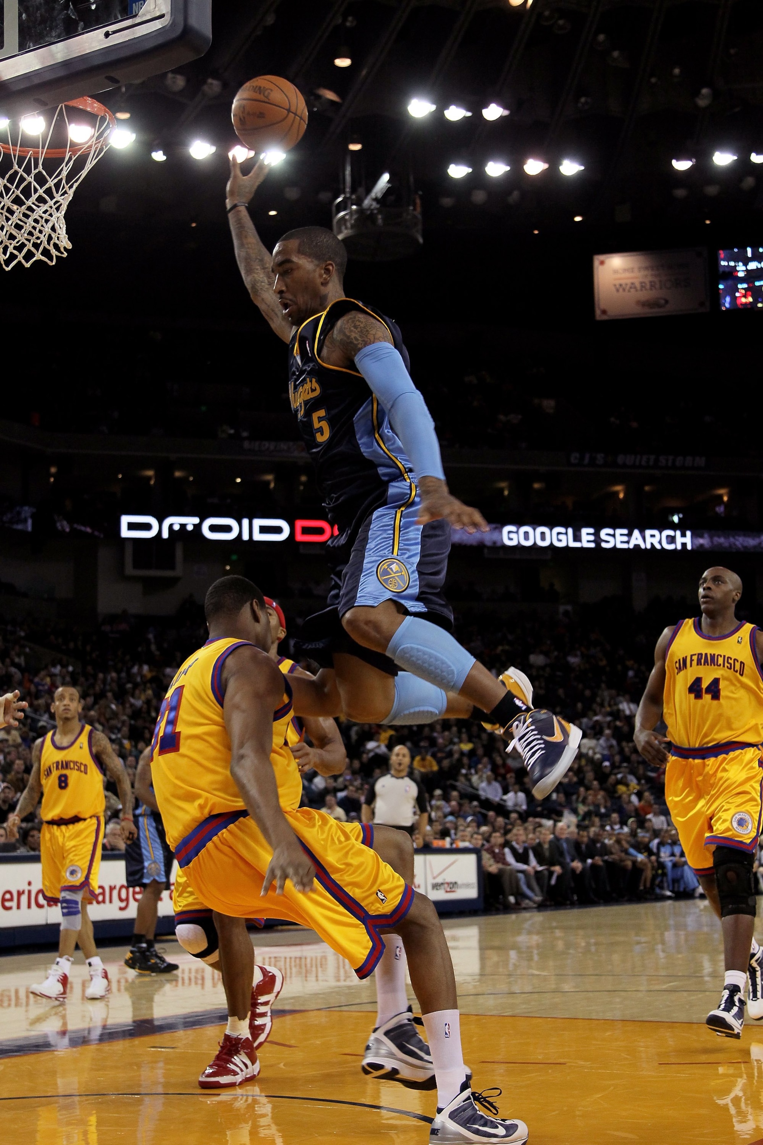 OAKLAND, CA - JANUARY 20: J.R. Smith #5 of the Denver Nuggets in action during their game against the Golden State Warriors at Oracle Arena on January 20, 2010 in Oakland, California. NOTE TO USER: User expressly acknowledges and agrees that, by downloa OAKLAND, CA - JANUARY 20: J.R. Smith #5 of the Denver Nuggets in action during their game against the Golden State Warriors at Oracle Arena on January 20, 2010 in Oakland, California. NOTE TO USER: User expressly acknowledges and agrees that, by downloa