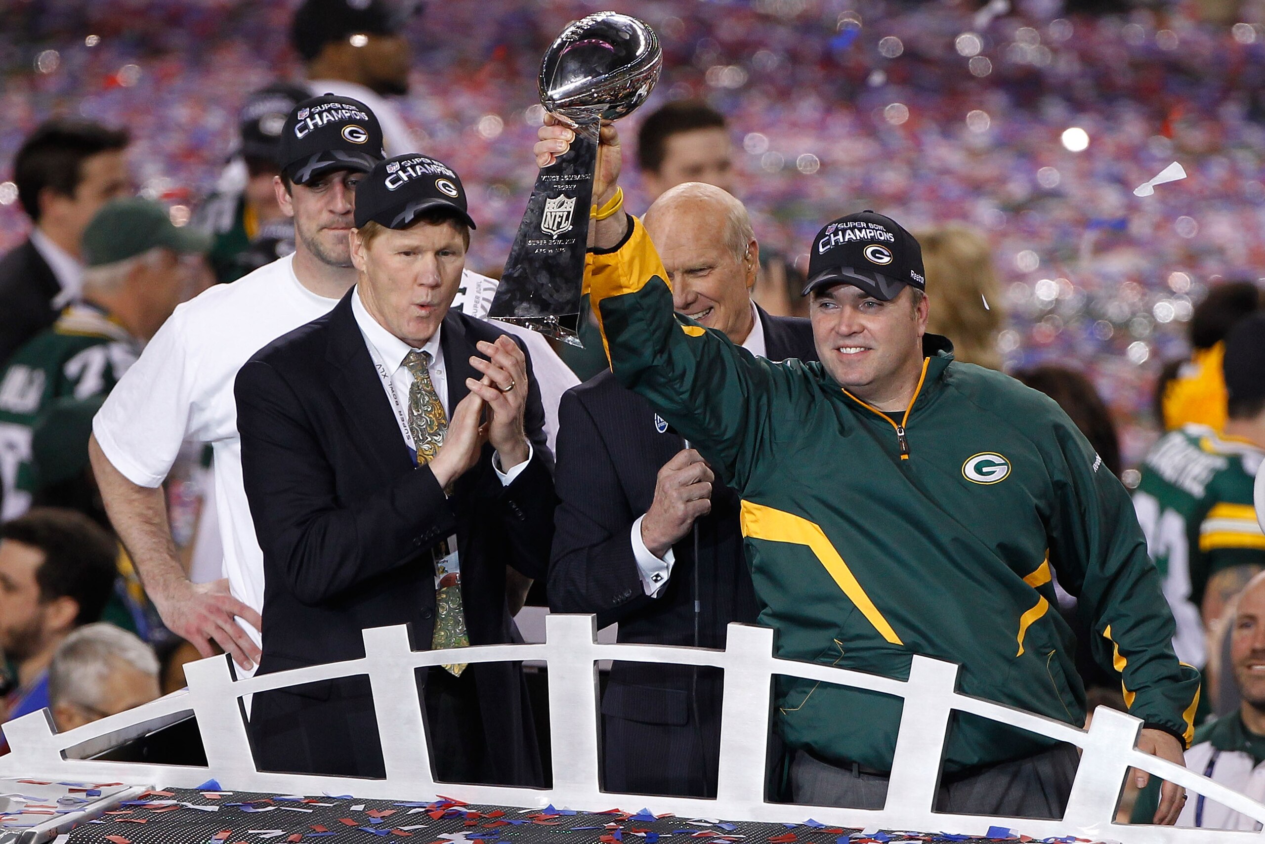 ARLINGTON, TX - FEBRUARY 06:  Head coach Mike McCarthy of the Green Bay Packers holds up The Vince Lombardi Trophy after the Green Bay Packers defeated the Pittsburgh Steelers 31 to 25 in Super Bowl XLV at Cowboys Stadium on February 6, 2011 in Arlington,