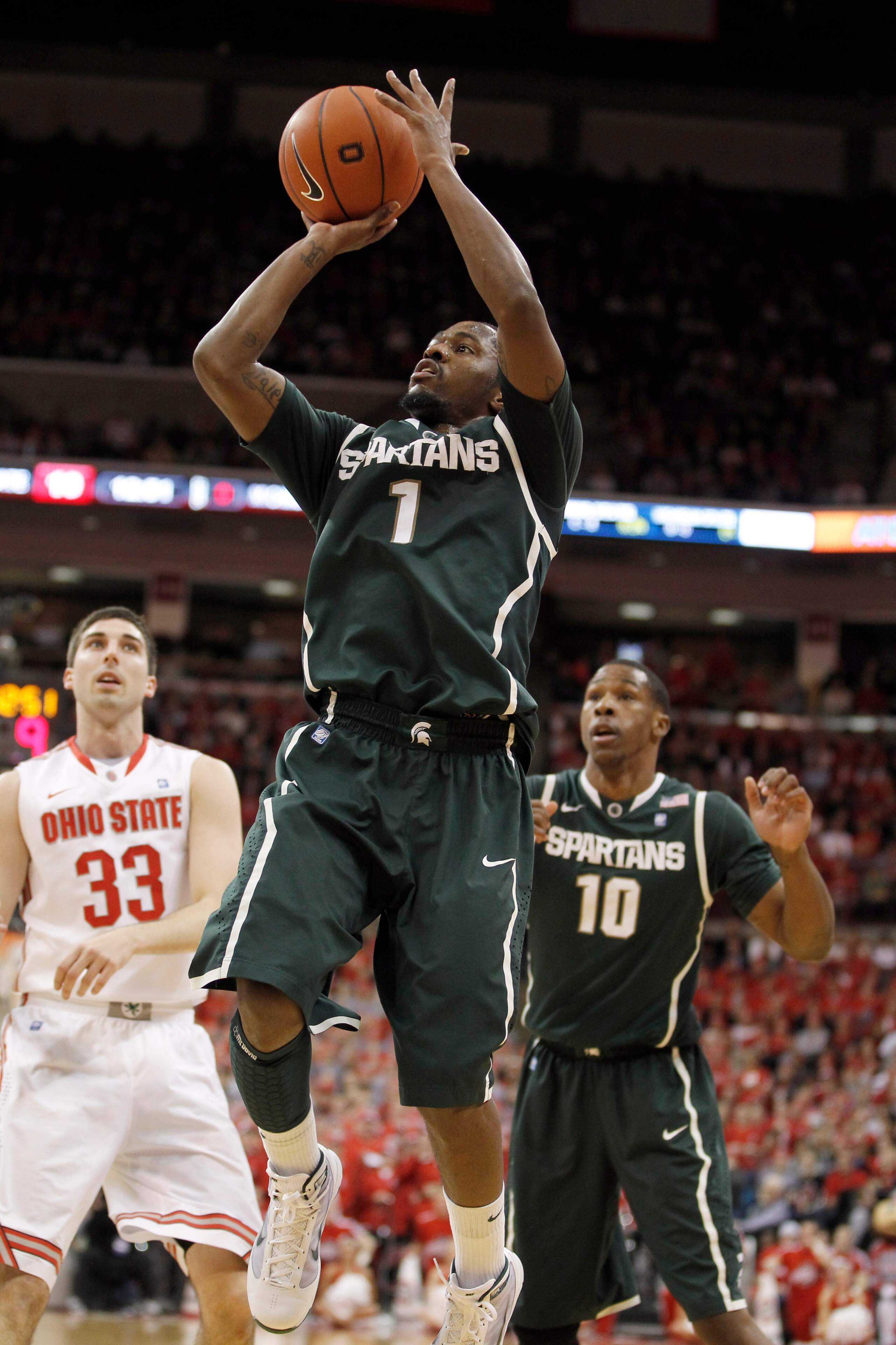 COLUMBUS, OH - FEBRUARY 15:  Kalin Lucas #1 of the Michigan State Spartans takes a jump shot while playing the Ohio State Buckues on February 15, 2011 at Value City Arena in Columbus, Ohio.  (Photo by Gregory Shamus/Getty Images)