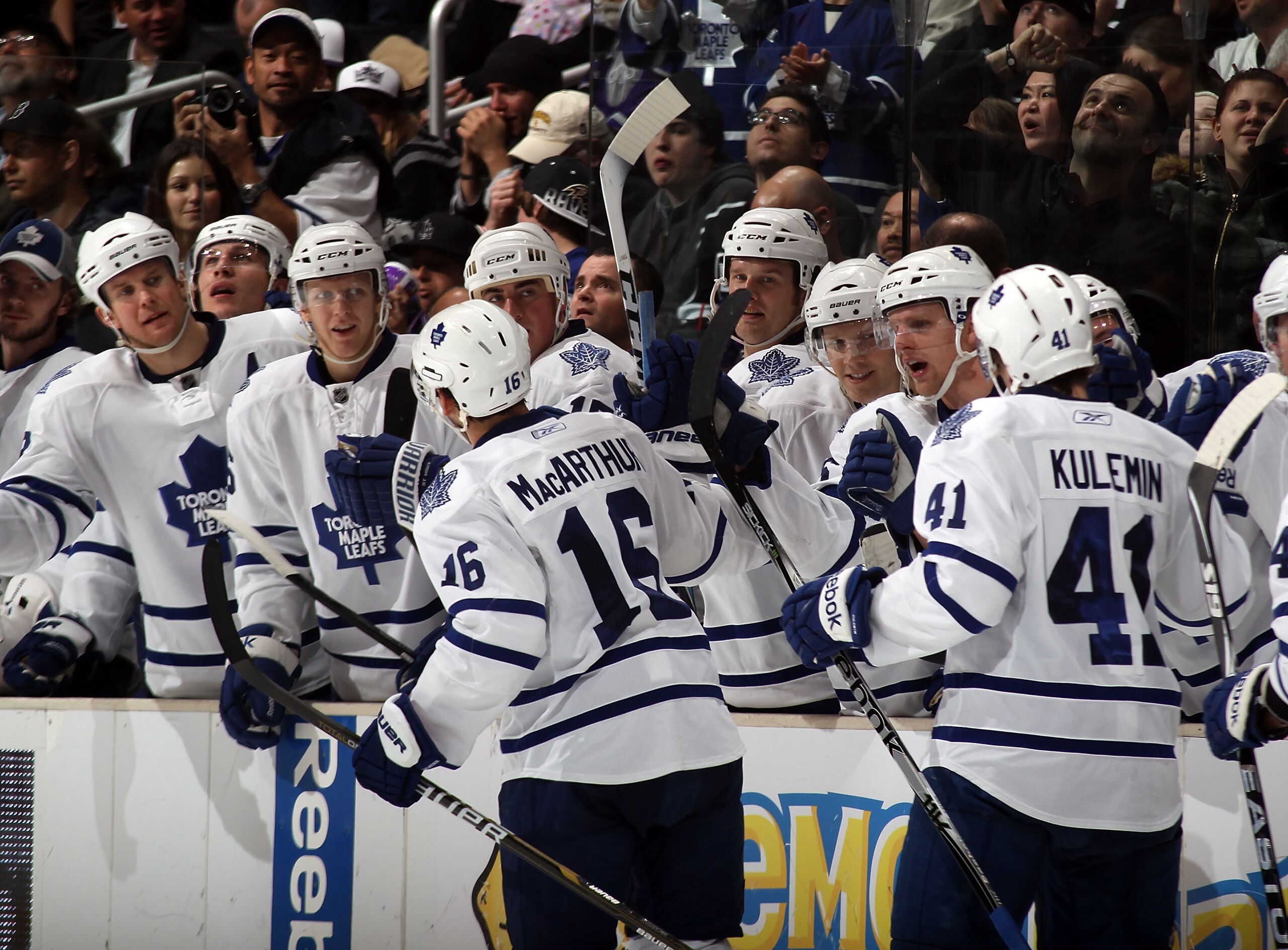 LOS ANGELES, CA - JANUARY 10: The Toronto Maple Leafs celebrate the game winning goal by Nikolai Kulemin #41 at 4:58 of the third period against the Los Angeles Kings at the Staples Center on January 10, 2011 in Los Angeles, California. The Leafs defeated