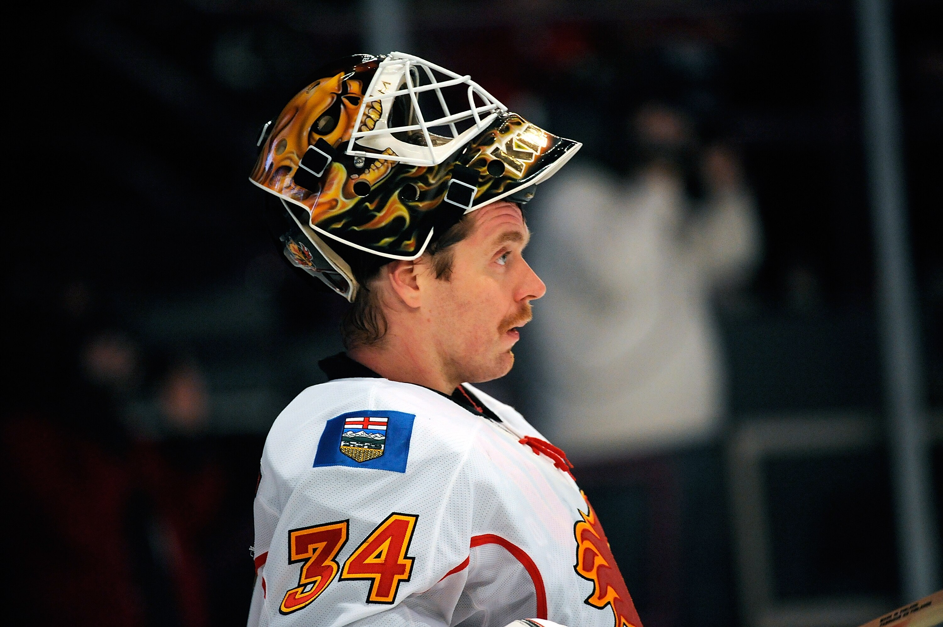 NEW YORK - NOVEMBER 22:  Mikka Kiprusoff  #34 of the Calgary Flames  during a game against the New York Rangers on November 22, 2010 at Madison Square Garden in New York City.  (Photo by Lou Capozzola/Getty Images)