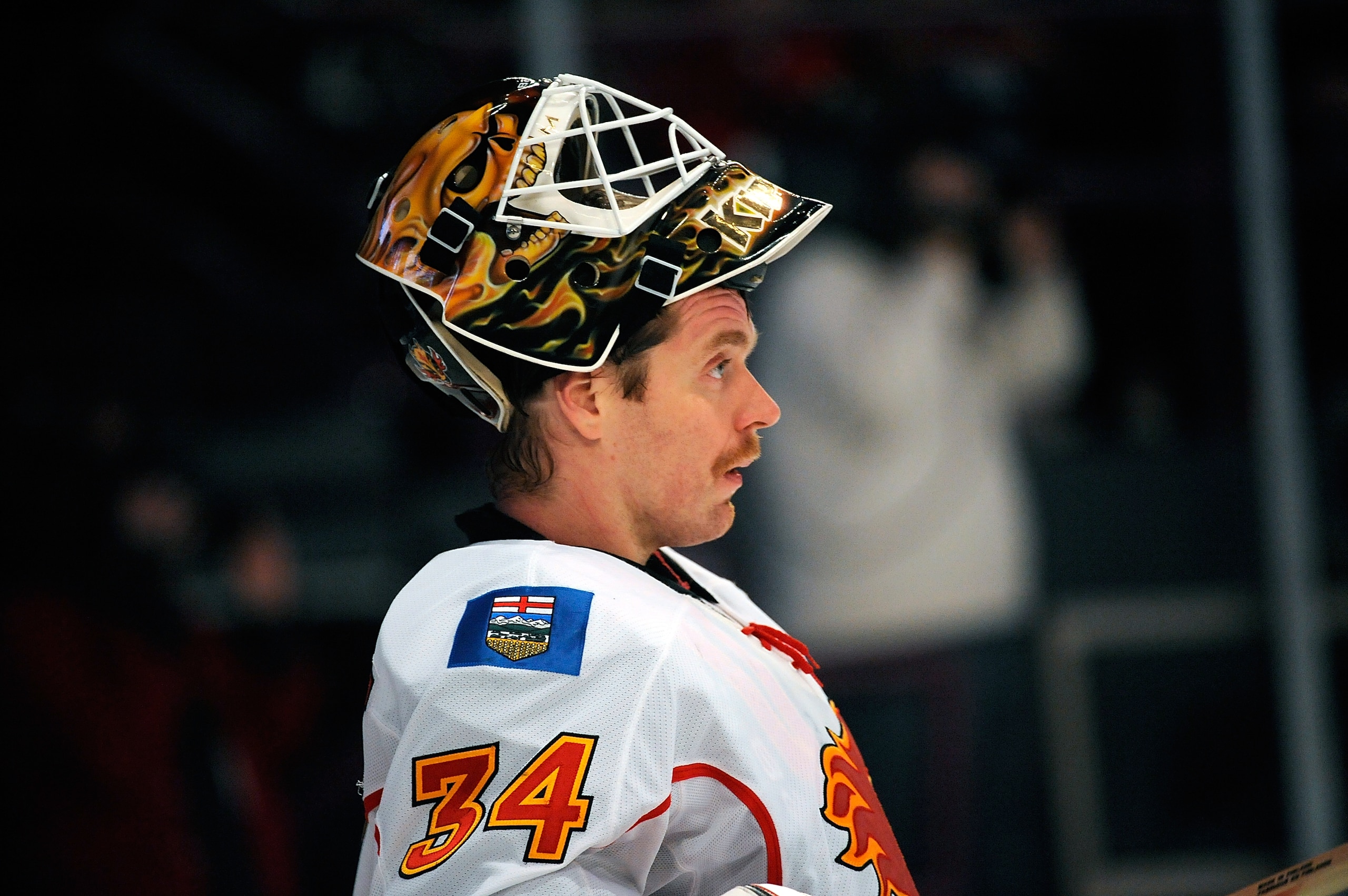 NEW YORK - NOVEMBER 22:  Mikka Kiprusoff  #34 of the Calgary Flames  during a game against the New York Rangers on November 22, 2010 at Madison Square Garden in New York City.  (Photo by Lou Capozzola/Getty Images)