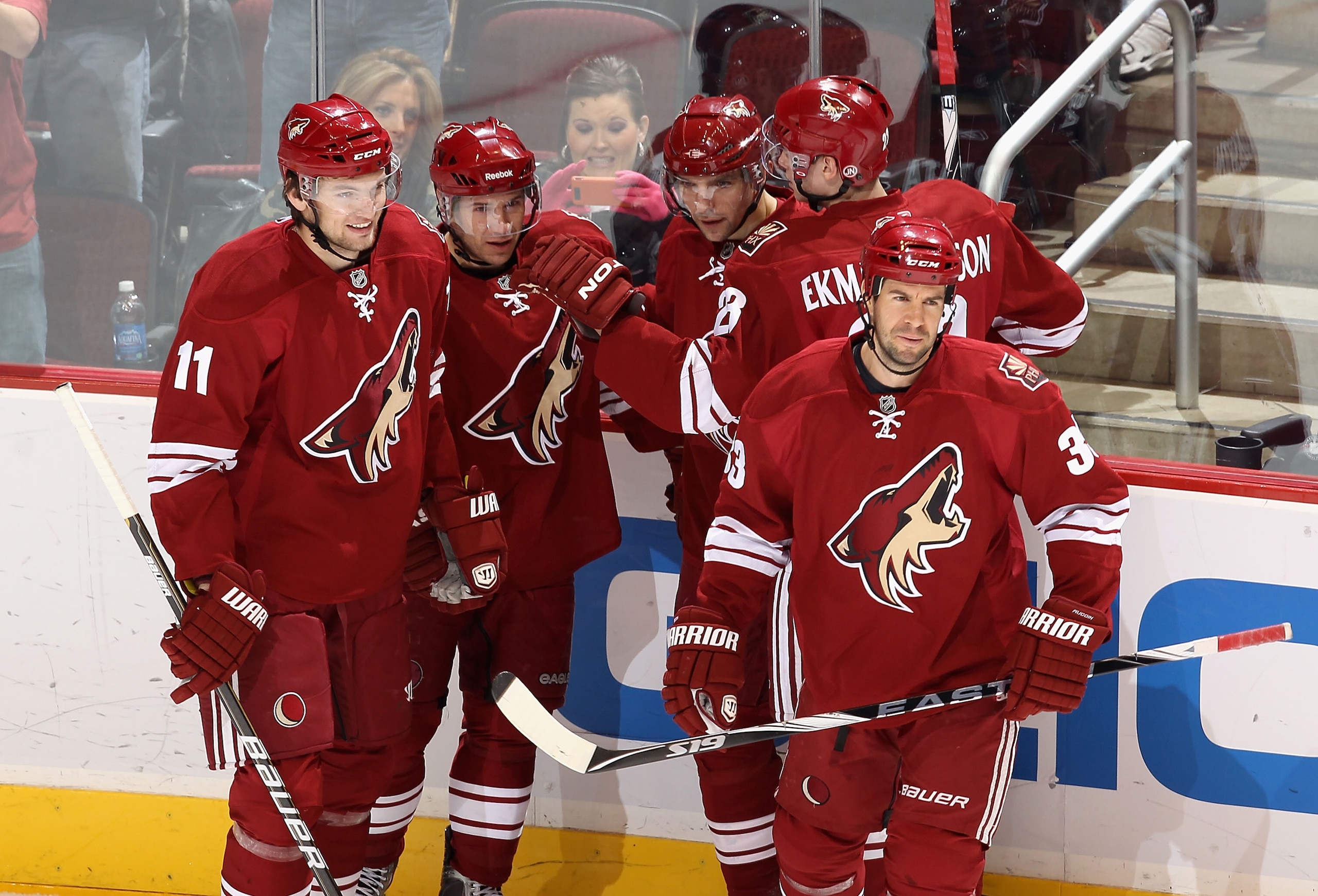 GLENDALE, AZ - JANUARY 15:  (L-R) Martin Hanzal #11, Ray Whitney #13, Radim Vrbata #17, Oliver Ekman-Larsson #23 and Adrian Aucoin #33 of the Phoenix Coyotes celebrate after scoring against the Anaheim Ducks during the NHL game at Jobing.com Arena on Janu