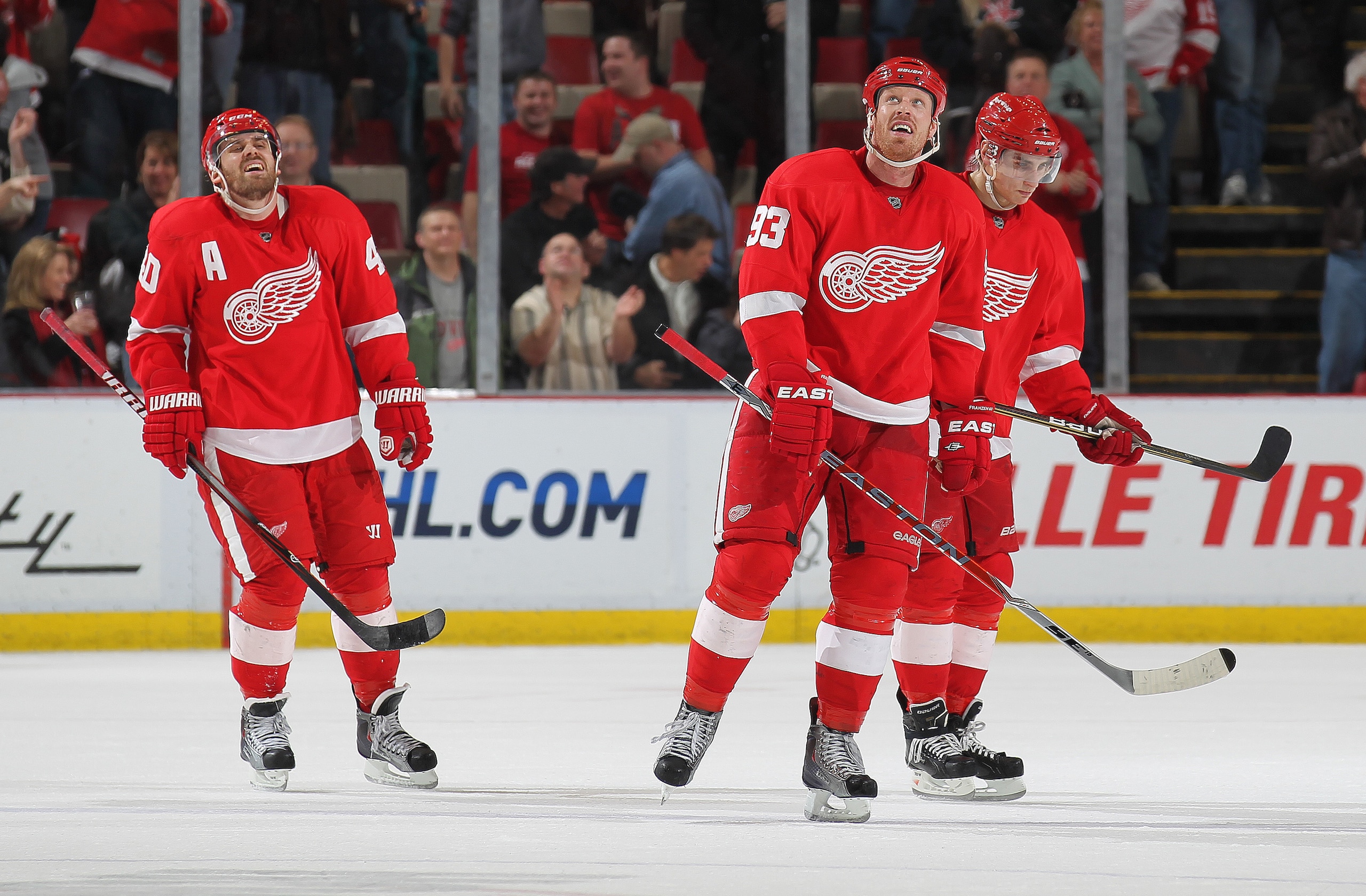 DETROIT, MI - JANUARY 26:  Johan Franzen #93 of the Detroit Red Wings watches the replay of his goal on the big screen in a game against the New Jersey Devils on January 26, 2011 at the Joe Louis Arena in Detroit, Michigan. The Wings defeated the Devils 3