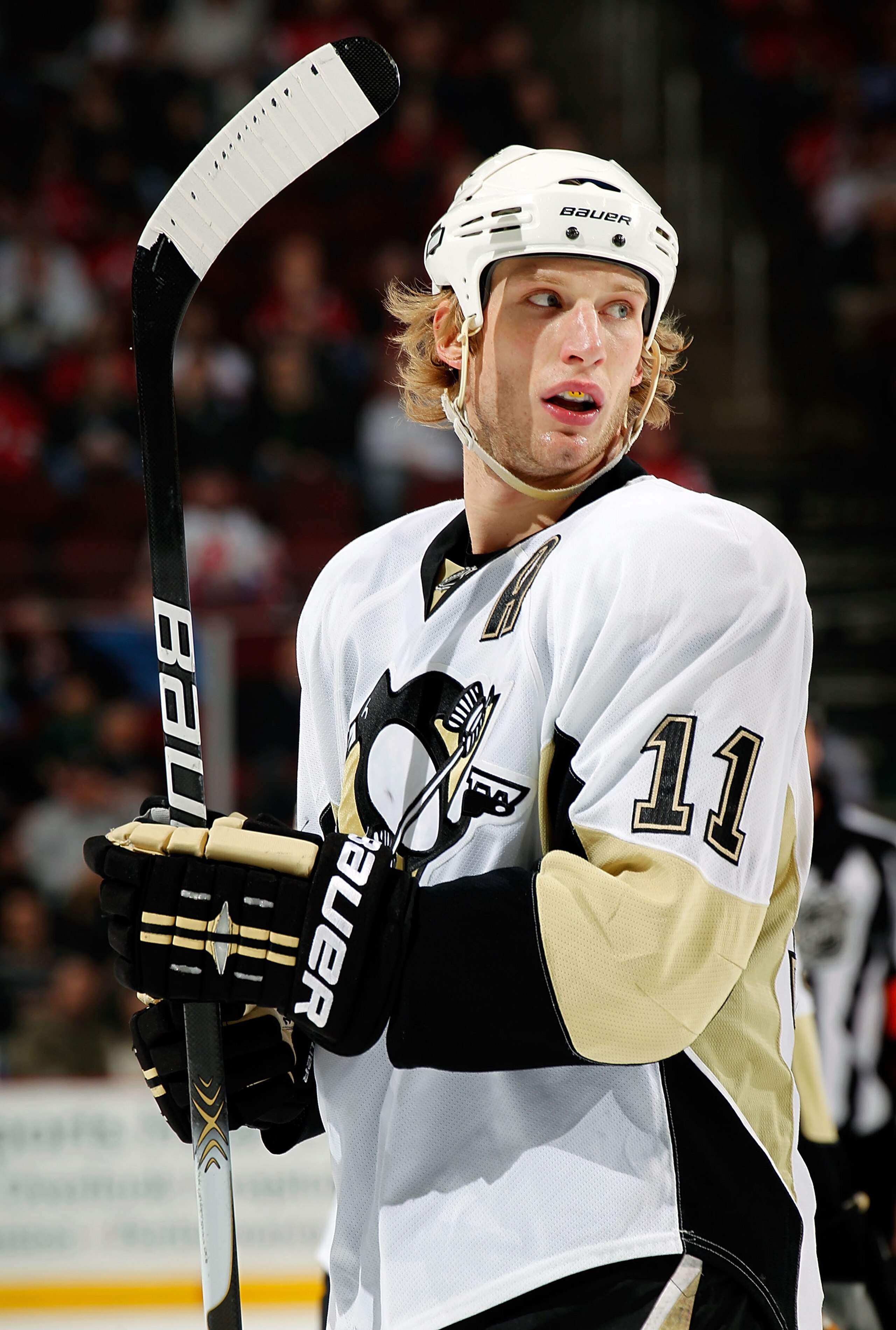 NEWARK, NJ - JANUARY 20:  Jordan Staal #11 of the Pittsburgh Penguins turns during a break in action in an NHL hockey game against the New Jersey Devils at the Prudential Center on January 20, 2011 in Newark, New Jersey.  (Photo by Paul Bereswill/Getty Im