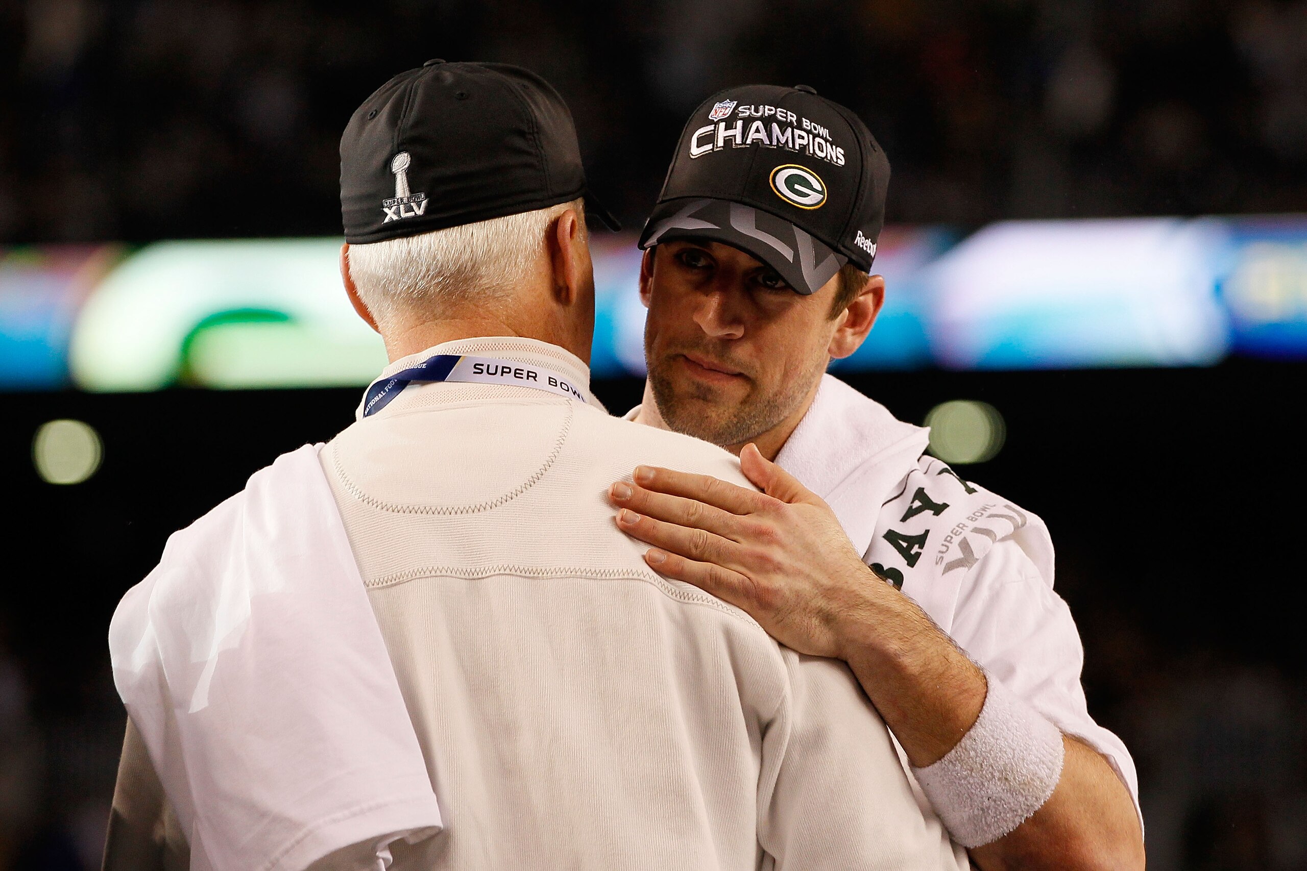 ARLINGTON, TX - FEBRUARY 06:  Green Bay Packers General Manager Ted Thompson celebrates with Super Bowl MVP Aaron Rodgers #12 of the Green Bay Packers after winning Super Bowl XLV 31-25 against the Pittsburgh Steelers at Cowboys Stadium on February 6, 201