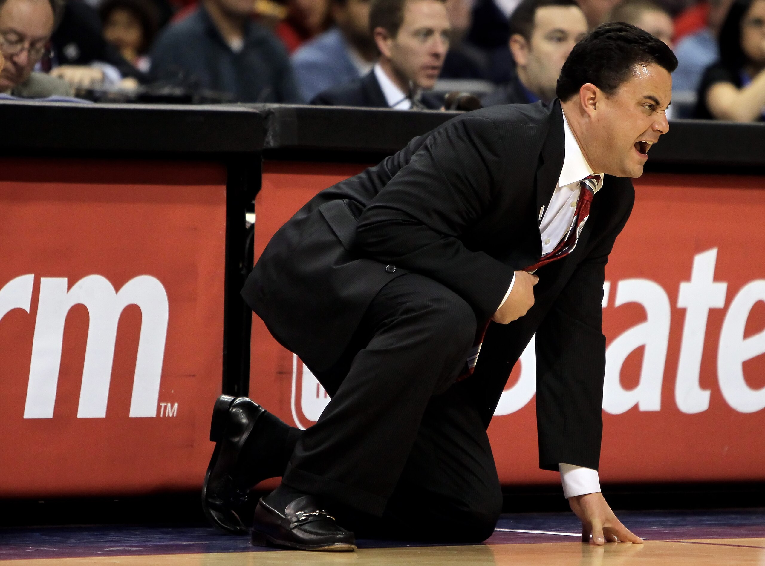 LOS ANGELES, CA - MARCH 11:  Arizona Wildcats head coach Sean Miller calls out a play against the UCLA Bruins during the Quarterfinals of the Pac-10 Basketball Tournament at Staples Center on March 11, 2010 in Los Angeles, California. UCLA defeated Arizon