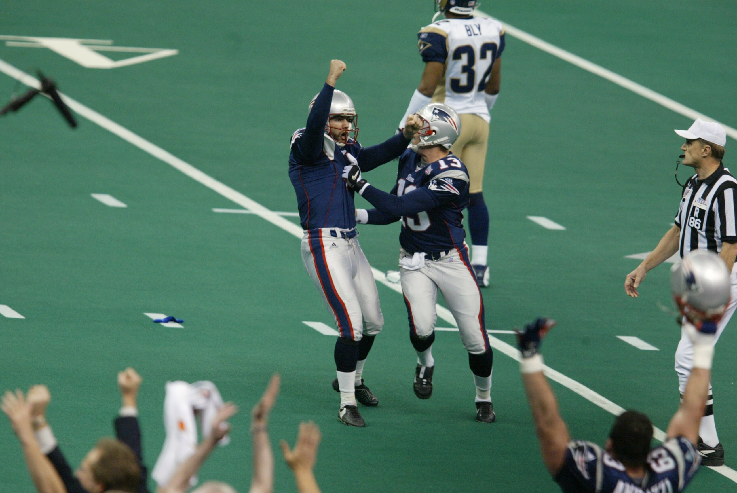 03 Feb 2002: Adam Vinatieri #4 of the New England Patriots breaks into celebration after kicking the game winning field goal against the St.Louis Rams during Superbowl XXXVI at the Superdome in New Orleans, Louisiana. The Patriots defeated the Rams 20- 03 Feb 2002: Adam Vinatieri #4 of the New England Patriots breaks into celebration after kicking the game winning field goal against the St.Louis Rams during Superbowl XXXVI at the Superdome in New Orleans, Louisiana. The Patriots defeated the Rams 20-