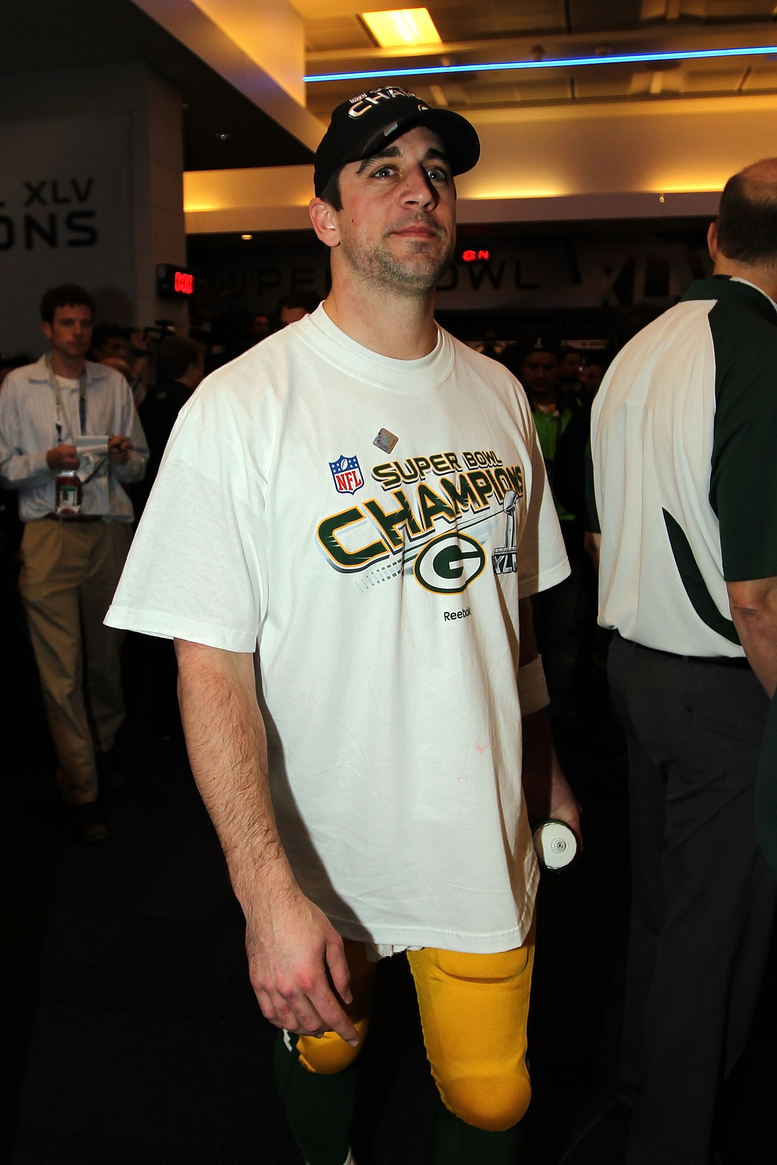 ARLINGTON, TX - FEBRUARY 06:  Super Bowl MVP Aaron Rodgers #12 of the Green Bay Packers celebrates in the locker room after they defeated the Pittsburgh Steelers 31 to 25 in Super Bowl XLV at Cowboys Stadium on February 6, 2011 in Arlington, Texas.  (Phot