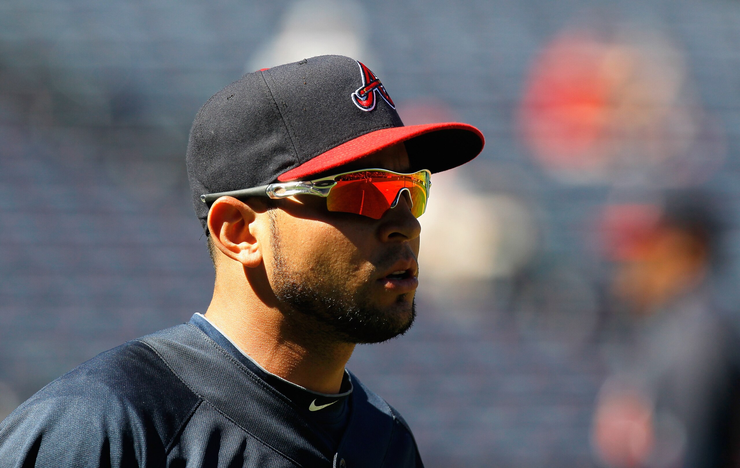 ATLANTA - OCTOBER 10:  Omar Infante #4 of the Atlanta Braves against the San Francisco Giants during Game Three of the NLDS of the 2010 MLB Playoffs at Turner Field on October 10, 2010 in Atlanta, Georgia.  (Photo by Kevin C. Cox/Getty Images)