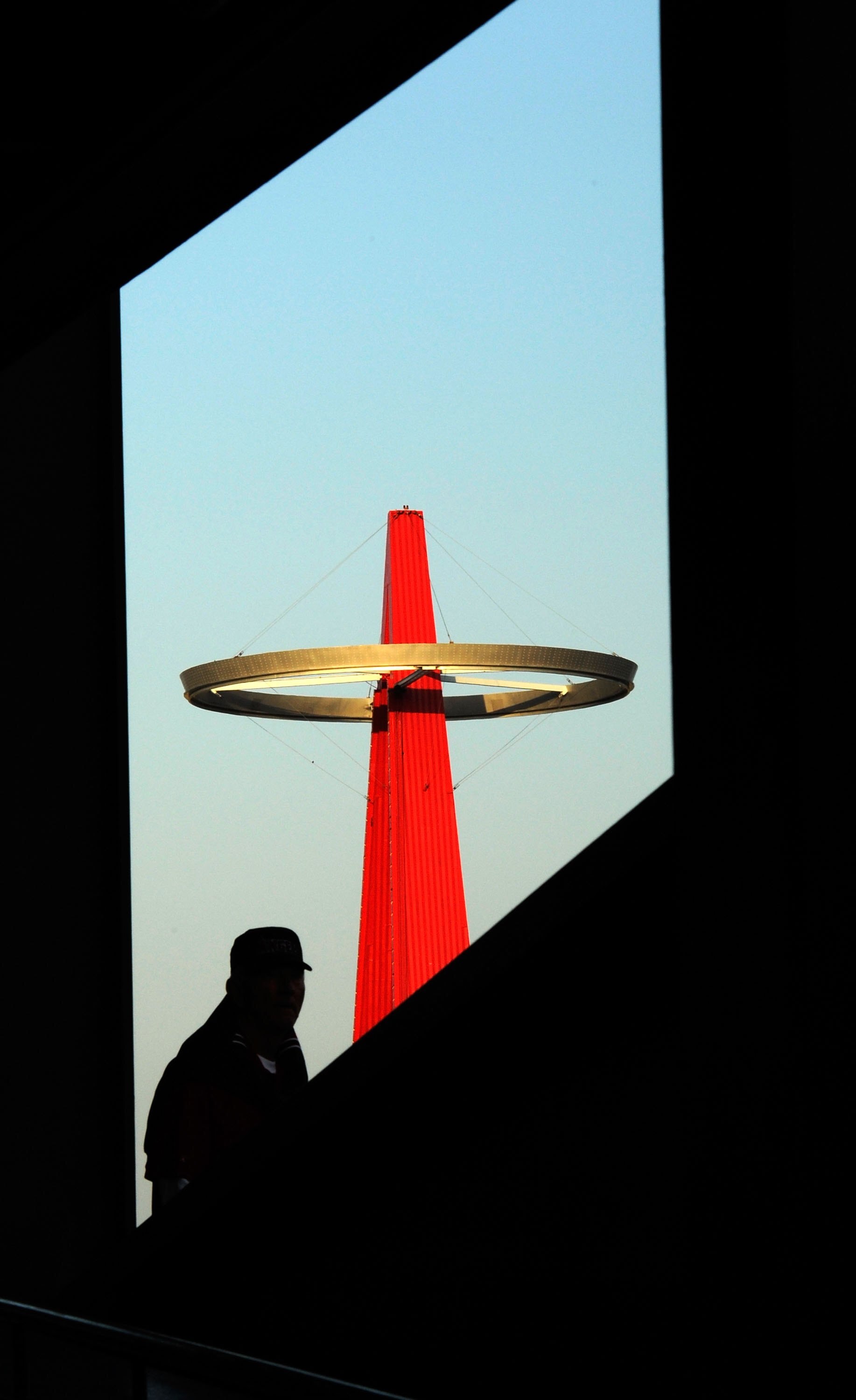 ANAHEIM, CA - APRIL 26:  The halo circle on top of the big A located in the parking lot of Angels Stadium is seen during the baseball game between the Cleveland Indians and  Los Angeles Angels of Anaheim on April 26, 2010 at Angel Stadium in Anaheim, Cali