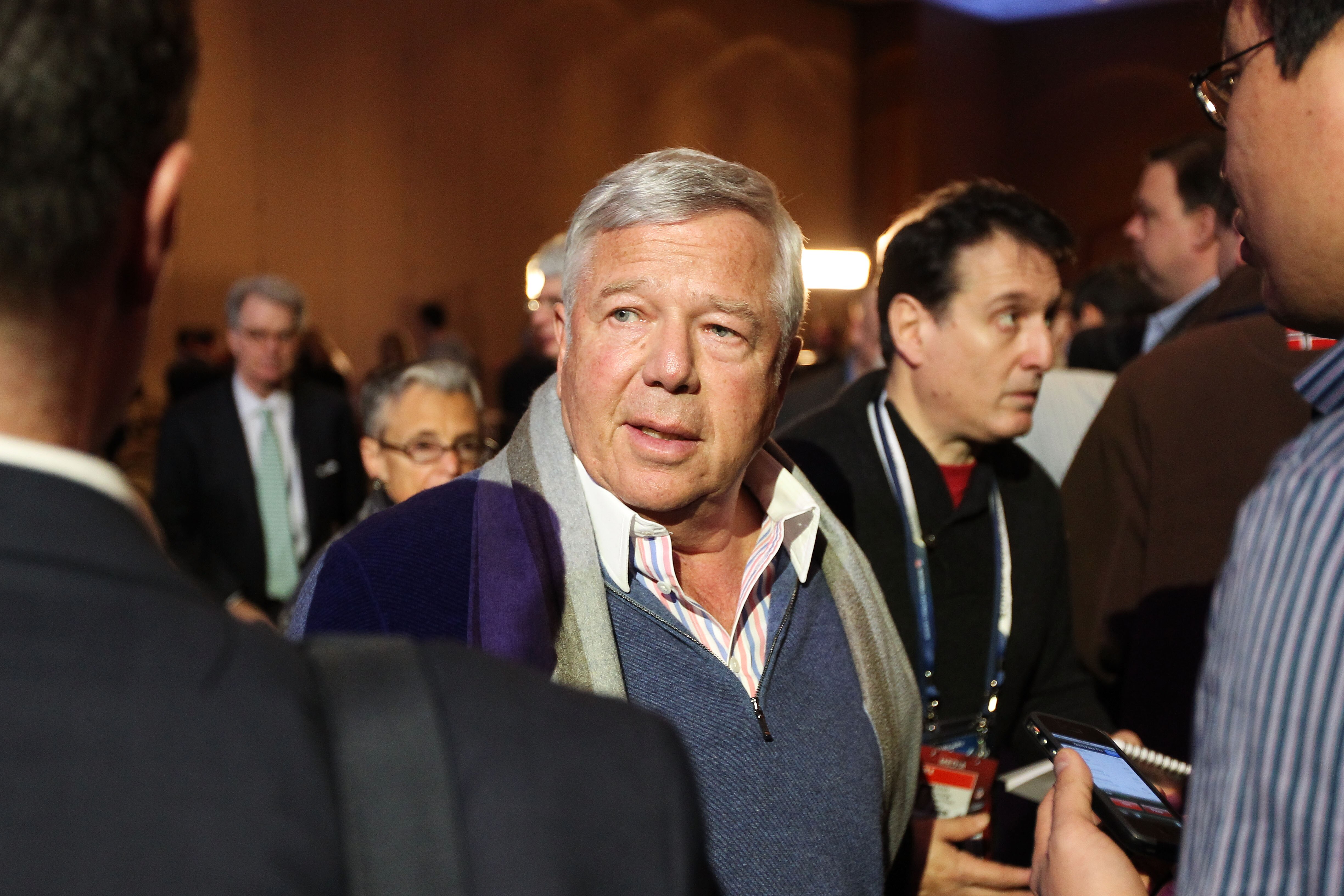 DALLAS, TX - FEBRUARY 04:  Owner of the New England Patriots Robert Kraft speaks to reporters during a press conference with NFL commissioner Roger Goodell at the Super Bowl XLV media center on February 4, 2011 in Dallas, Texas. The Green Bay Packers will
