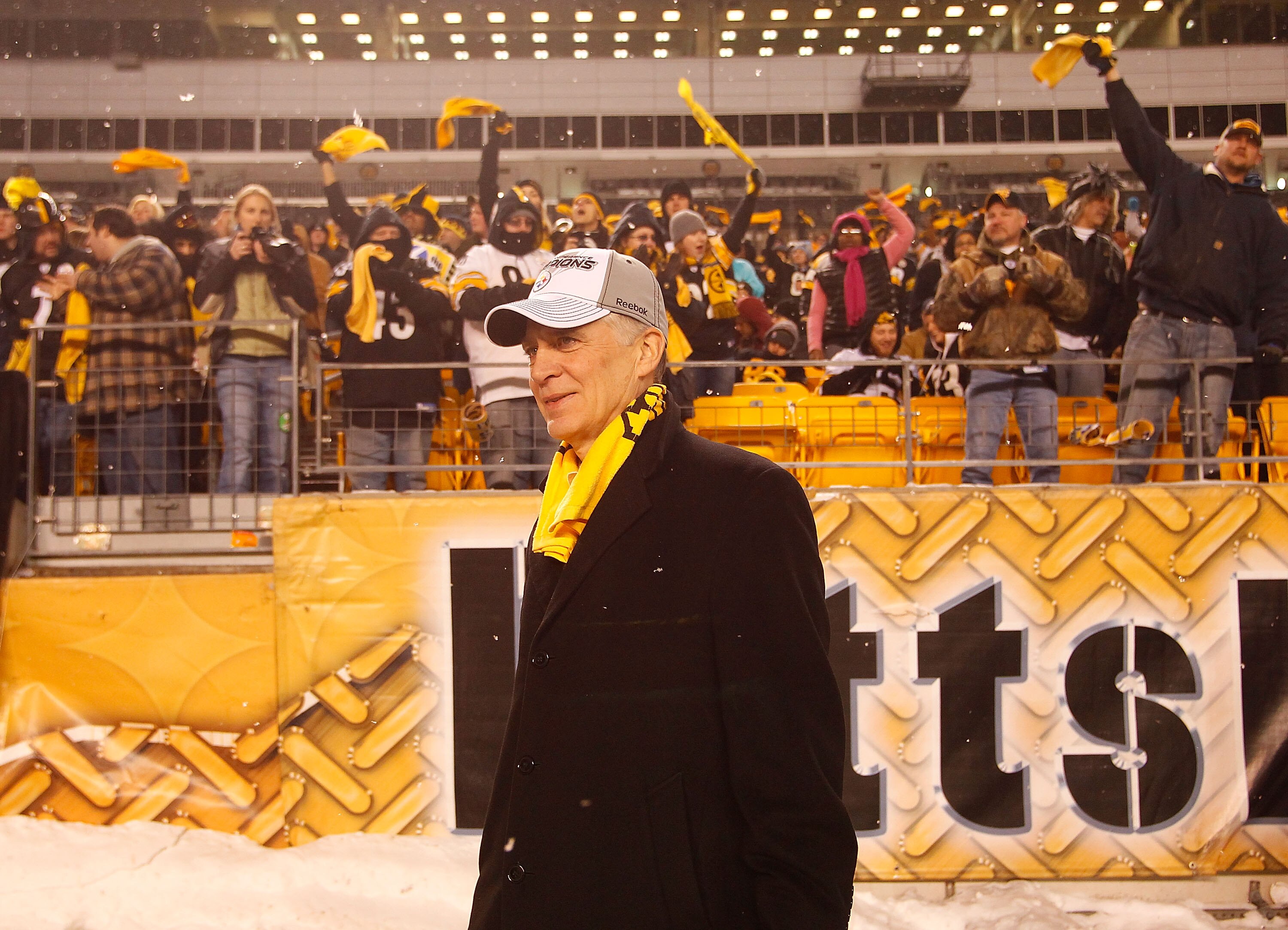 PITTSBURGH - JANUARY 28:  President of the Pittsburgh Steelers Art Rooney II walks to the stage during the Super Bowl XLV Pep Rally on January 28, 2011 at Heinz Field in Pittsburgh, Pennsylvania.  (Photo by Jared Wickerham/Getty Images)