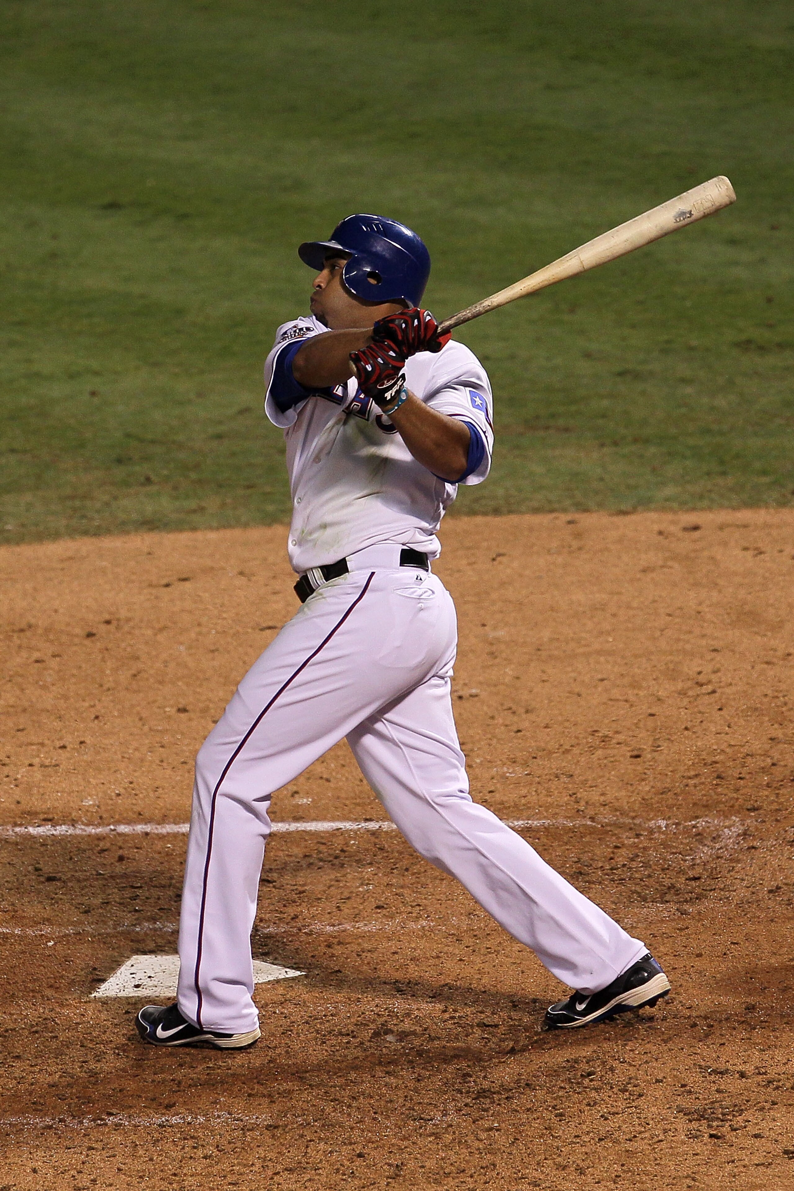 ARLINGTON, TX - NOVEMBER 01: Nelson Cruz #17 of the Texas Rangers hits a solo home run in the seventh inning against the San Francisco Giants in Game Five of the 2010 MLB World Series at Rangers Ballpark in Arlington on November 1, 2010 in Arlington, Tex ARLINGTON, TX - NOVEMBER 01: Nelson Cruz #17 of the Texas Rangers hits a solo home run in the seventh inning against the San Francisco Giants in Game Five of the 2010 MLB World Series at Rangers Ballpark in Arlington on November 1, 2010 in Arlington, Tex