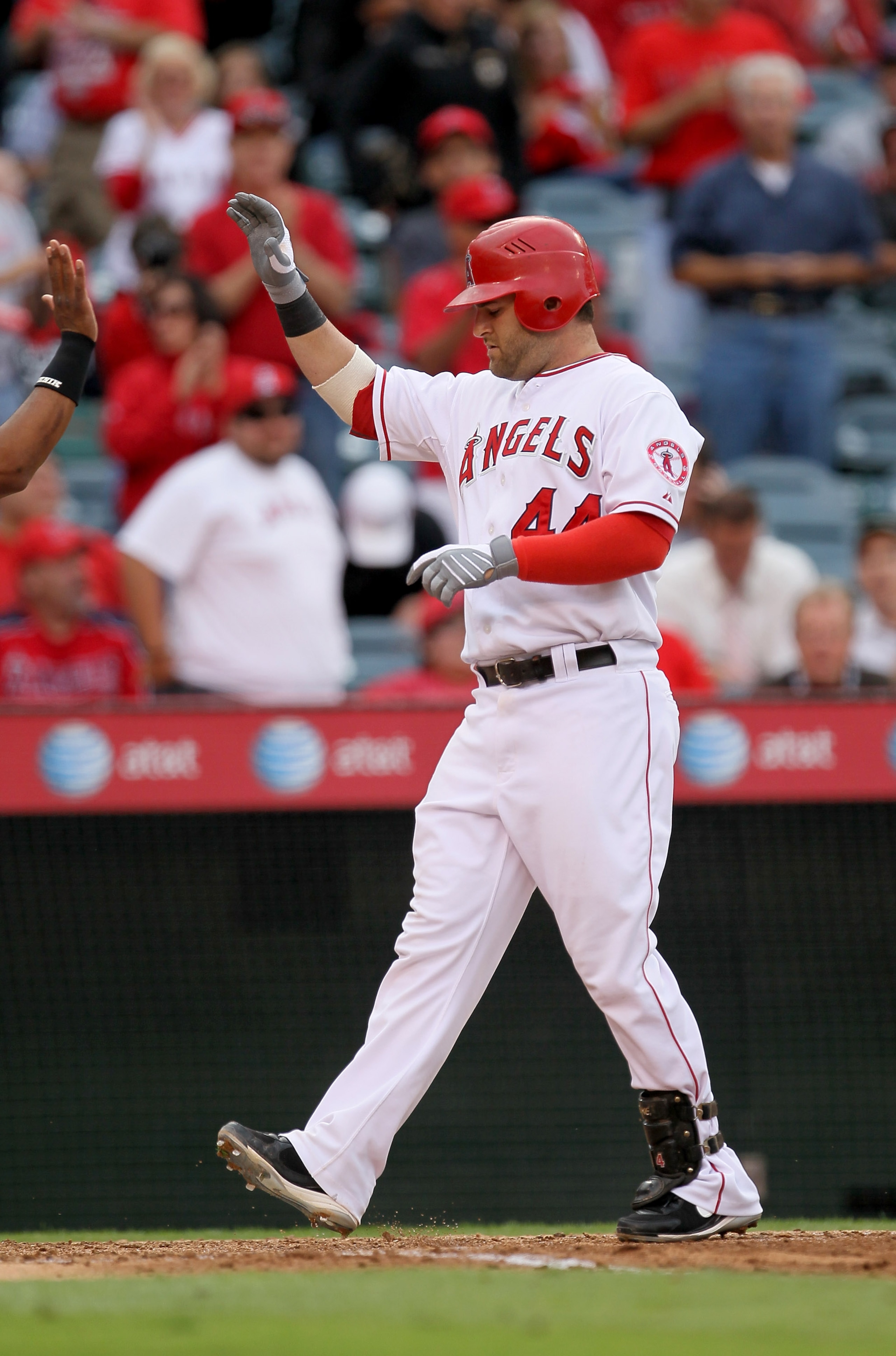 ANAHEIM, CA - SEPTEMBER 8: Mike Napoli #44 of the Los Angeles Angels of Anaheim celebrates as he crosses home after his two run home run in the fifth inning against the Cleveland Indians on September 8, 2010 at Angel Stadium in Anaheim, California. (Phot ANAHEIM, CA - SEPTEMBER 8: Mike Napoli #44 of the Los Angeles Angels of Anaheim celebrates as he crosses home after his two run home run in the fifth inning against the Cleveland Indians on September 8, 2010 at Angel Stadium in Anaheim, California. (Phot
