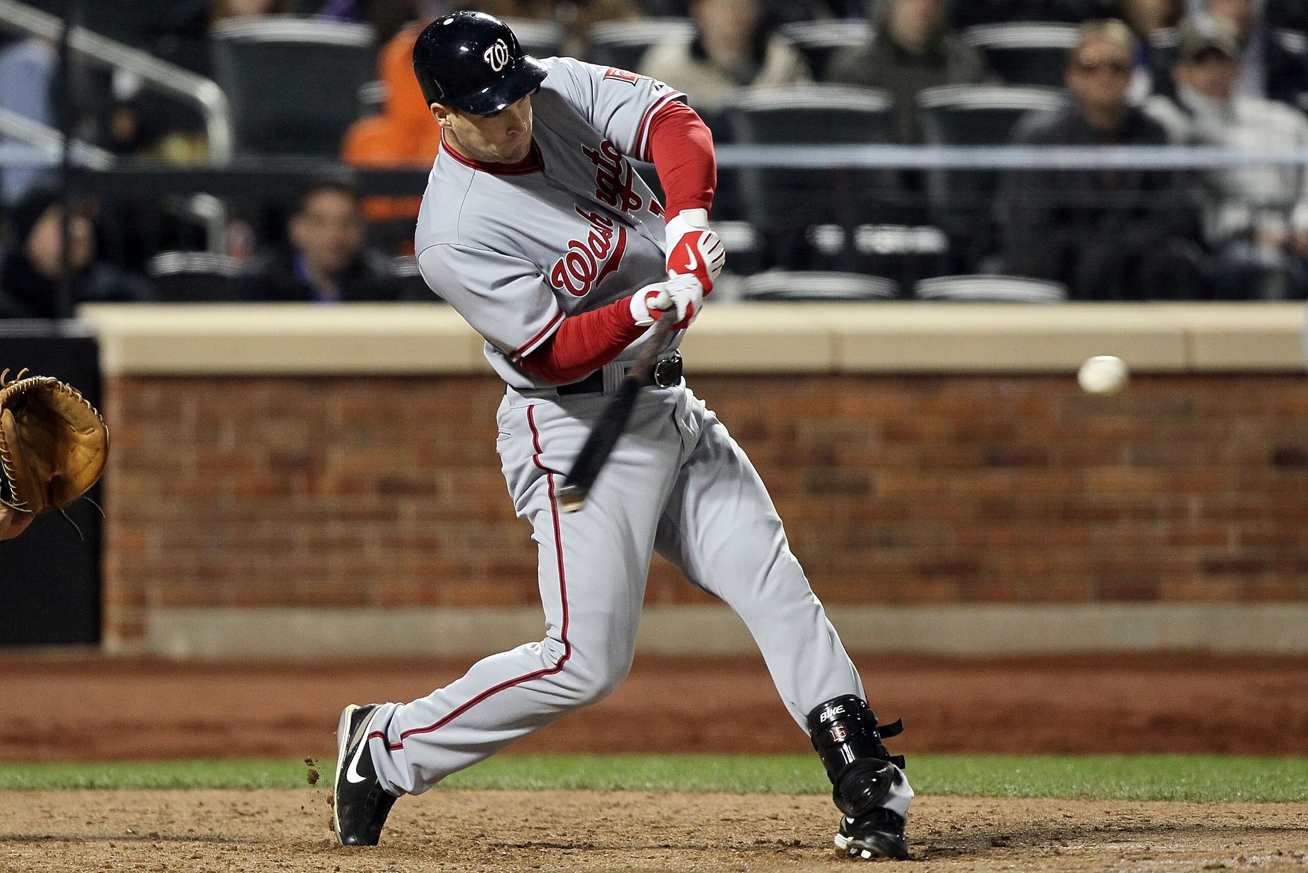NEW YORK - MAY 10:  Josh Willingham #16 of the Washington Nationals connects on a eigth inning base hit against the New York Mets on May 10, 2010 at Citi Field in the Flushing neighborhood of the Queens borough of New York City.  (Photo by Jim McIsaac/Get