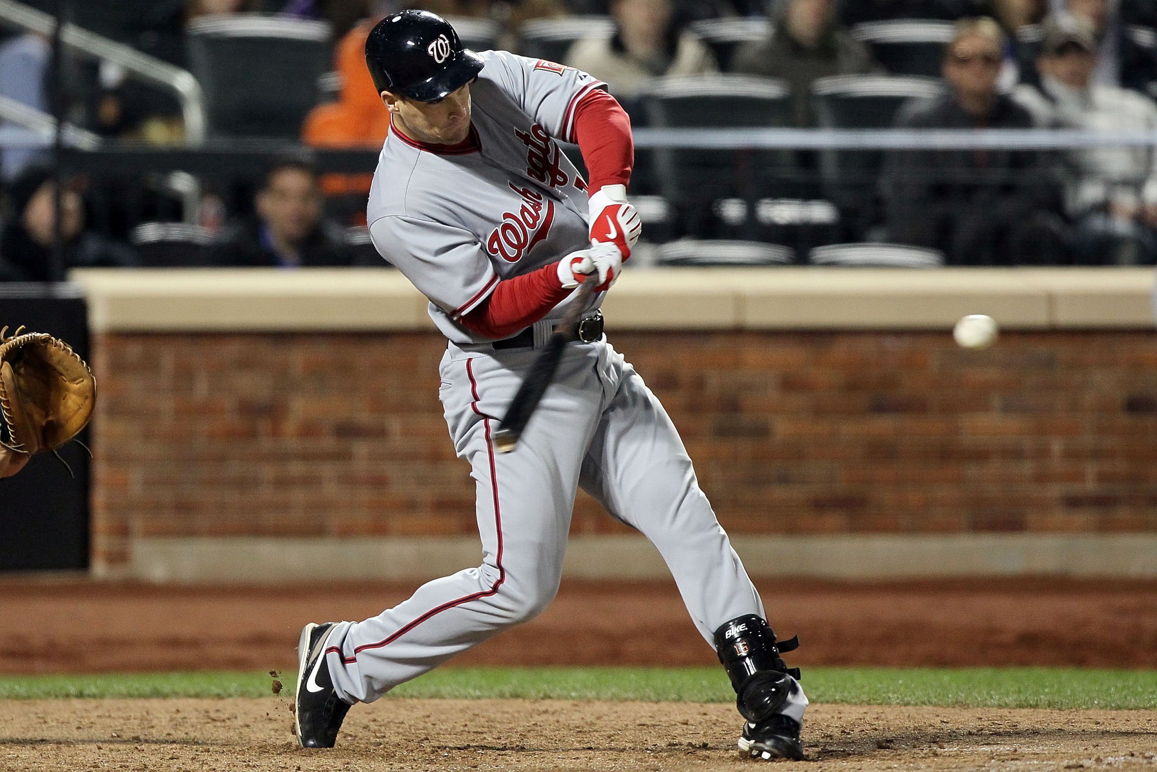 NEW YORK - MAY 10:  Josh Willingham #16 of the Washington Nationals connects on a eigth inning base hit against the New York Mets on May 10, 2010 at Citi Field in the Flushing neighborhood of the Queens borough of New York City.  (Photo by Jim McIsaac/Get
