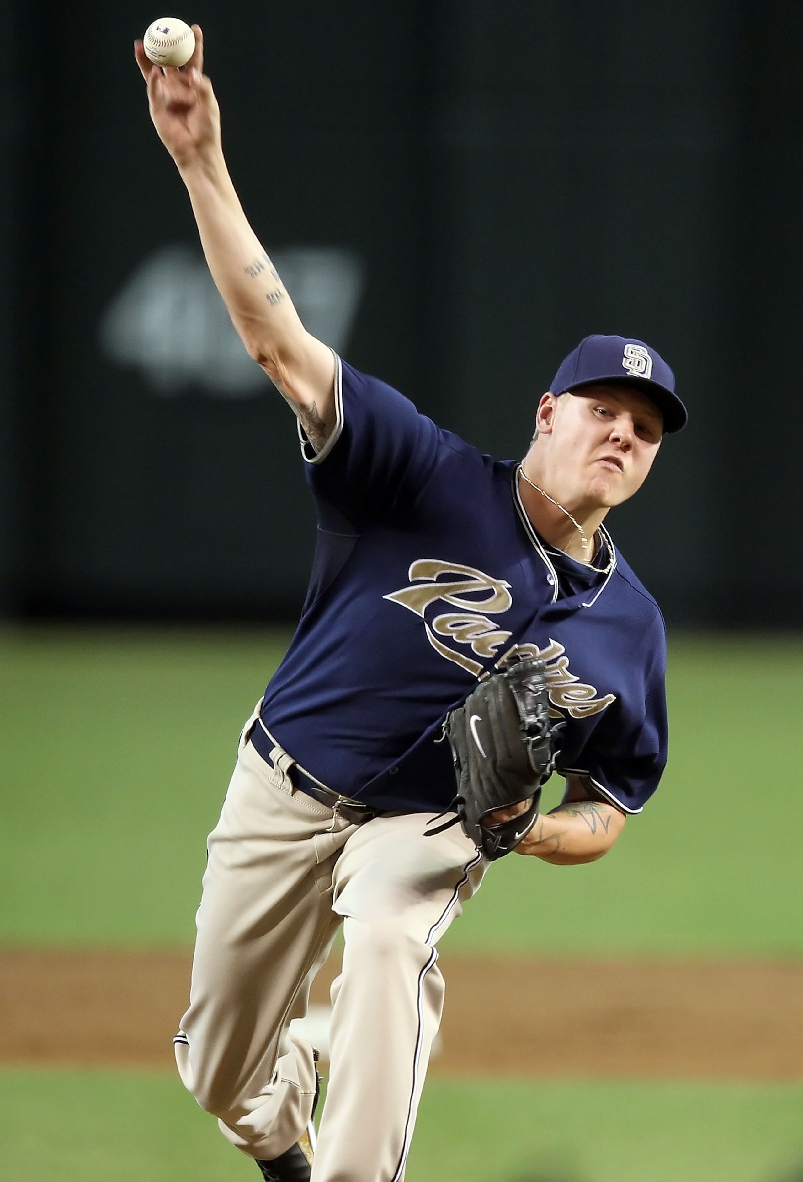 PHOENIX - SEPTEMBER 01: Starting pitcher Mat Latos #38 of the San Diego Padres pitches against the Arizona Diamondbacks during the Major League Baseball game at Chase Field on September 1, 2010 in Phoenix, Arizona. The Diamondbacks defeated the Padres 5- PHOENIX - SEPTEMBER 01: Starting pitcher Mat Latos #38 of the San Diego Padres pitches against the Arizona Diamondbacks during the Major League Baseball game at Chase Field on September 1, 2010 in Phoenix, Arizona. The Diamondbacks defeated the Padres 5-